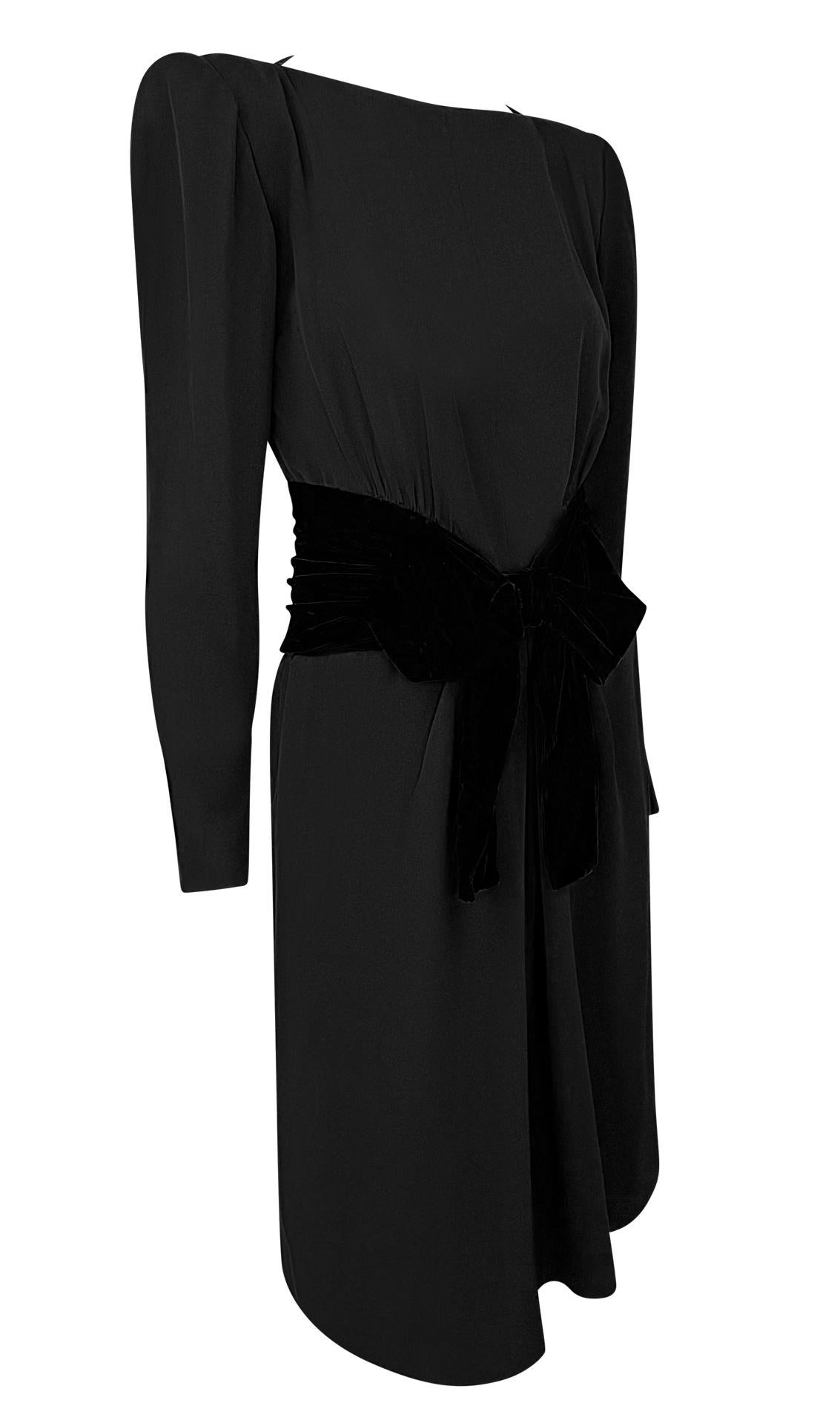 F/W 1983 Yves Saint Laurent Haute Couture Runway Black Velvet Bow Midi Dress For Sale 2