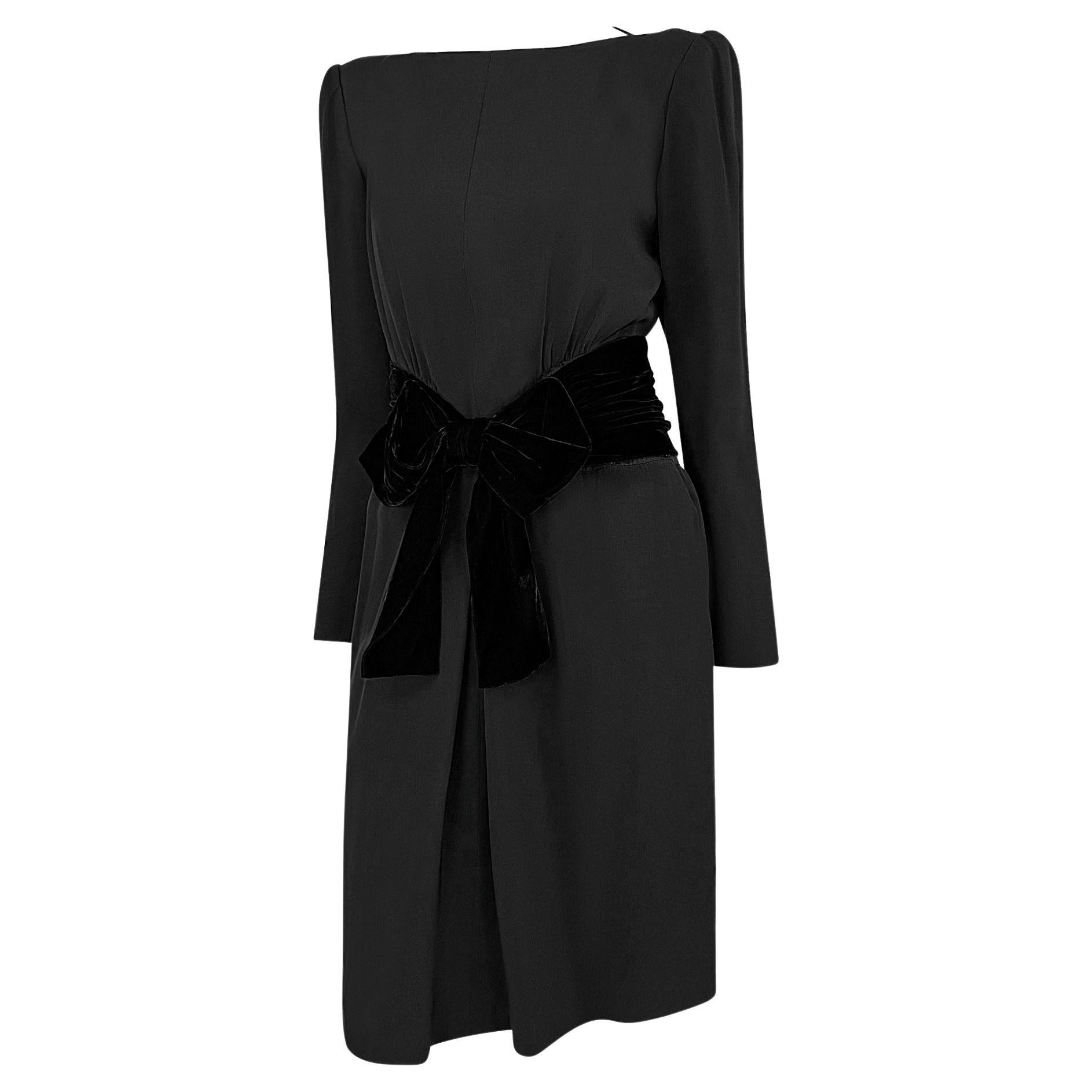 F/W 1983 Yves Saint Laurent Haute Couture Runway Black Velvet Bow Midi Dress For Sale