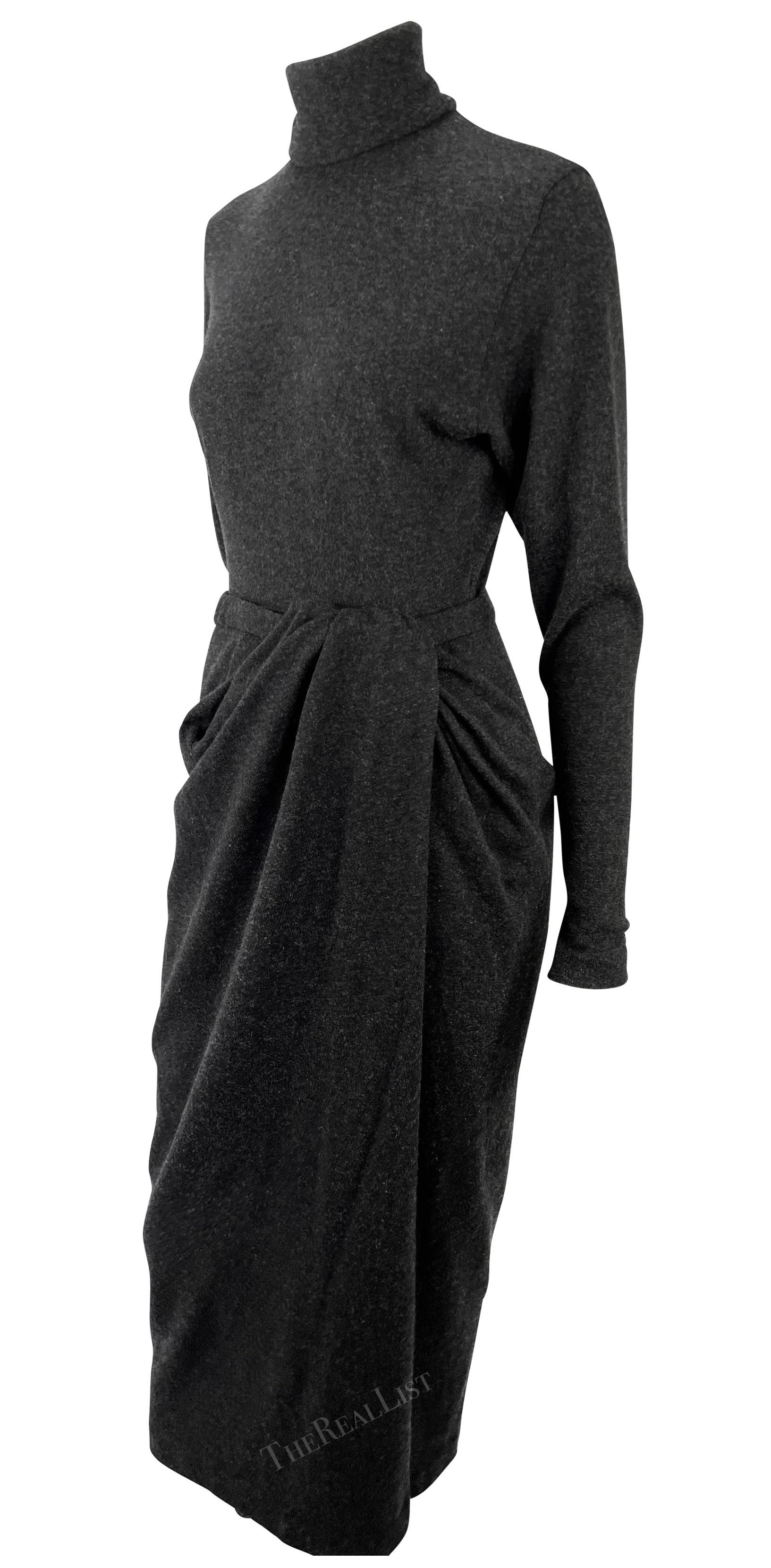 Women's F/W 1985 Donna Karan Charcoal Grey Cashmere Bodysuit Wrap Skirt Set For Sale