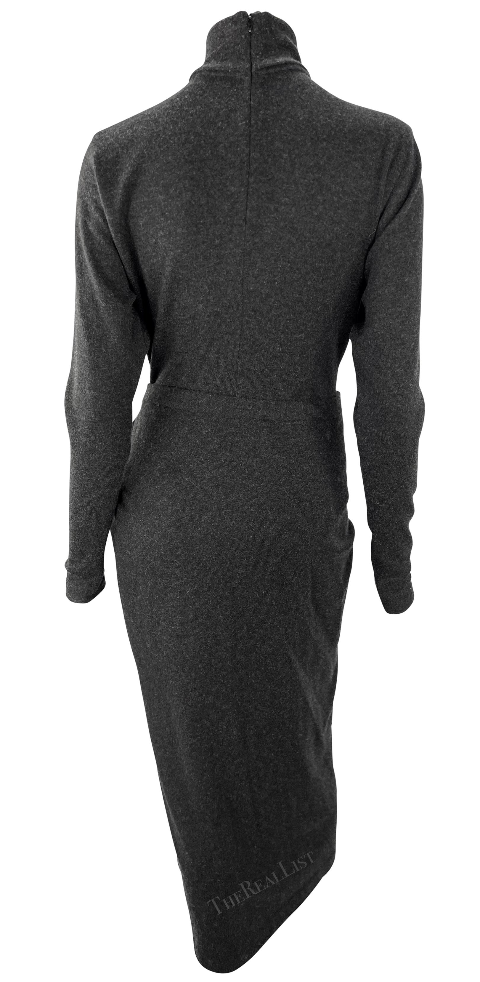 F/W 1985 Donna Karan Charcoal Grey Cashmere Bodysuit Wrap Skirt Set For Sale 1