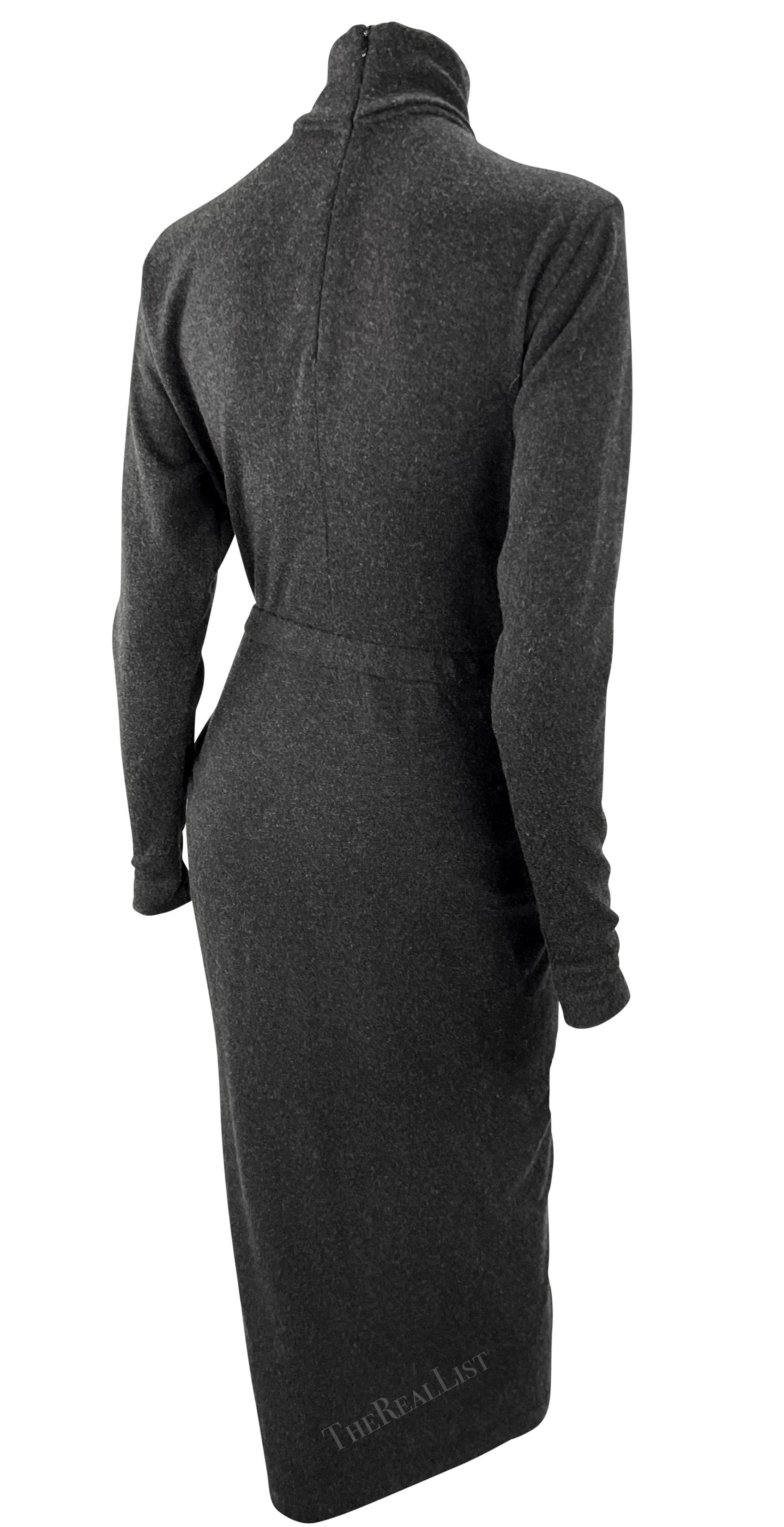 F/W 1985 Donna Karan Charcoal Grey Cashmere Bodysuit Wrap Skirt Set For Sale 2