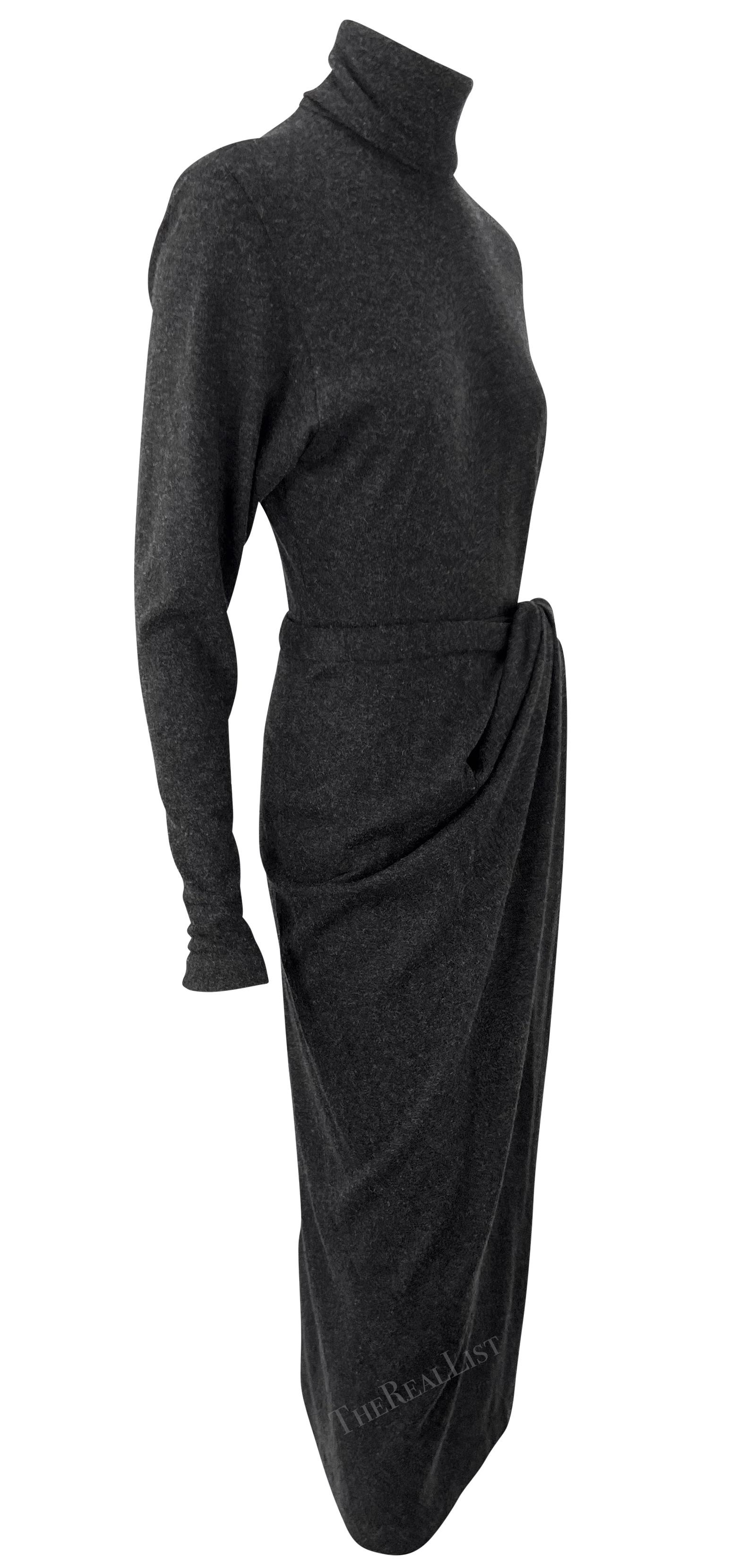 F/W 1985 Donna Karan Charcoal Grey Cashmere Bodysuit Wrap Skirt Set For Sale 3
