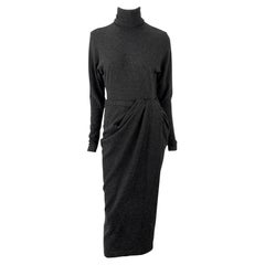 F/W 1985 Donna Karan Charcoal Grey Cashmere Bodysuit Wrap Skirt Set