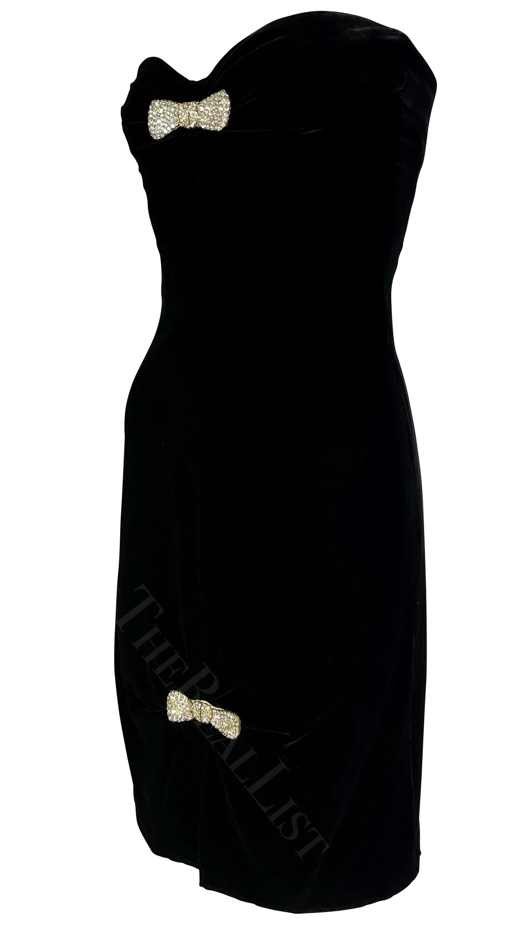 De las mujeres F/W 1985 Valentino Garavani Night Mini Vestido Corsé de Terciopelo Negro Lazos de Pedrería en venta