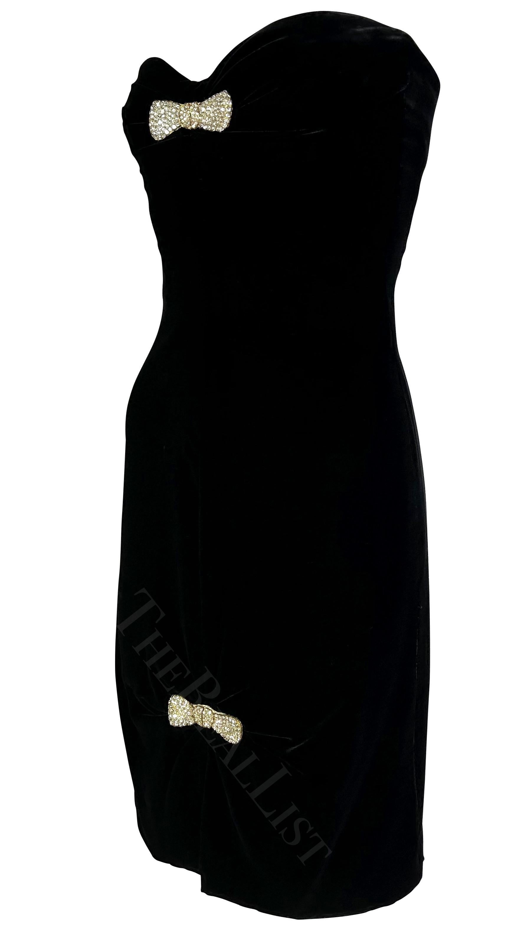 F/W 1985 Valentino Garavani Night Black Velvet Corset Mini Dress Rhinestone Bows In Good Condition For Sale In West Hollywood, CA