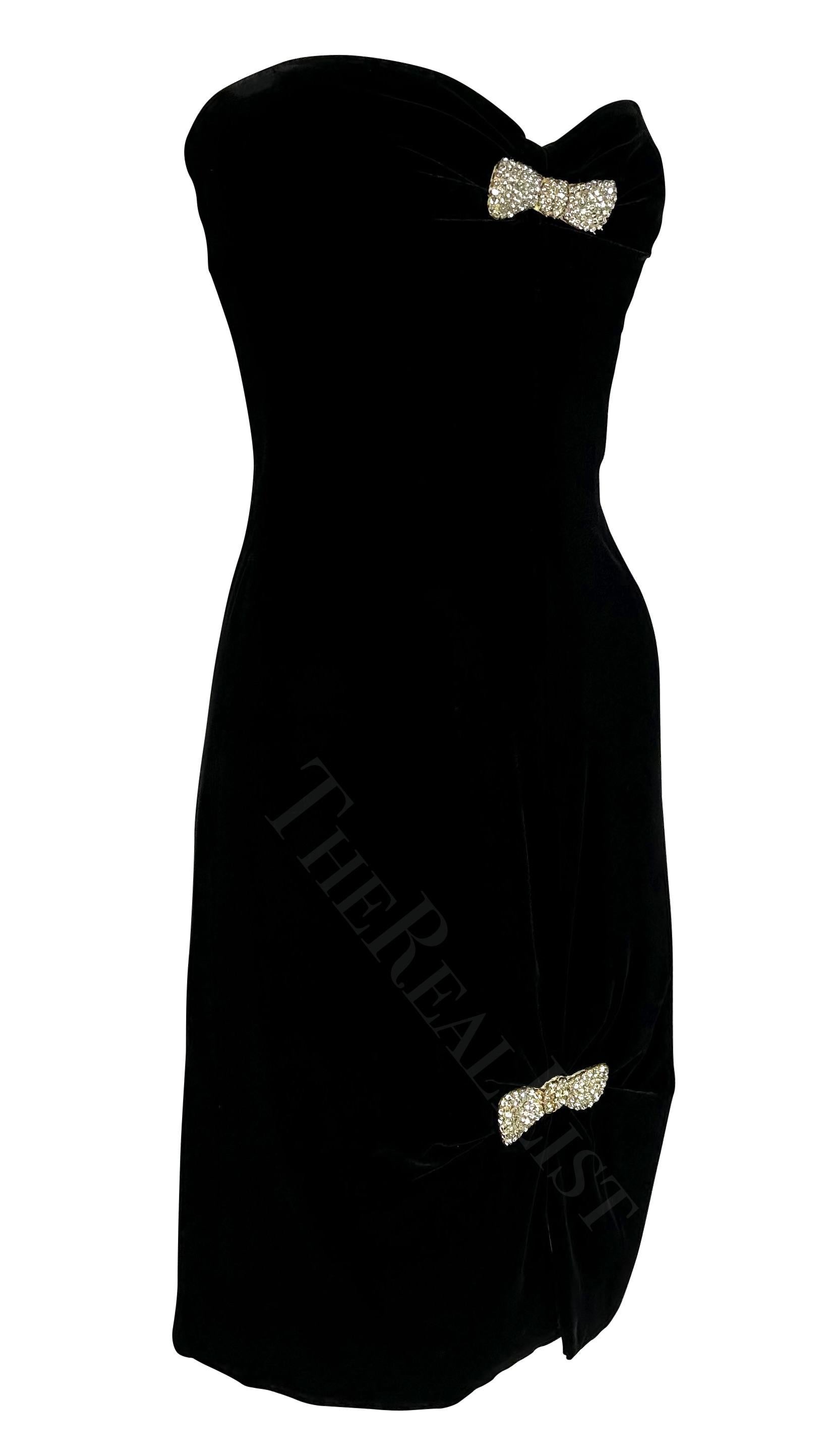 F/W 1985 Valentino Garavani Night Black Velvet Corset Mini Dress Rhinestone Bows For Sale 3