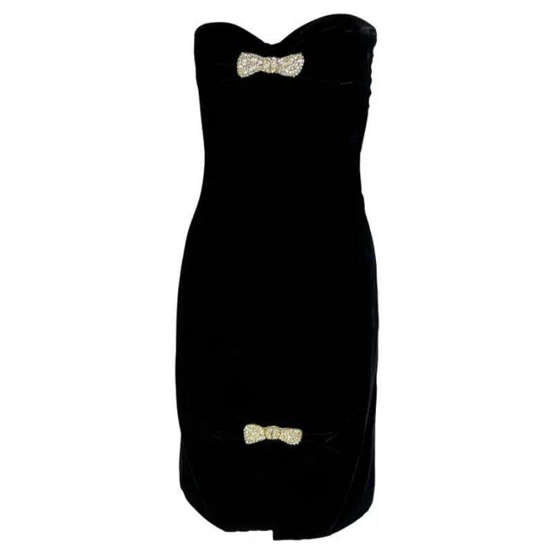 H/W 1985 Valentino Garavani Nacht Schwarzes Korsett-Minikleid aus Samt mit Strassschleifen und Schleifen