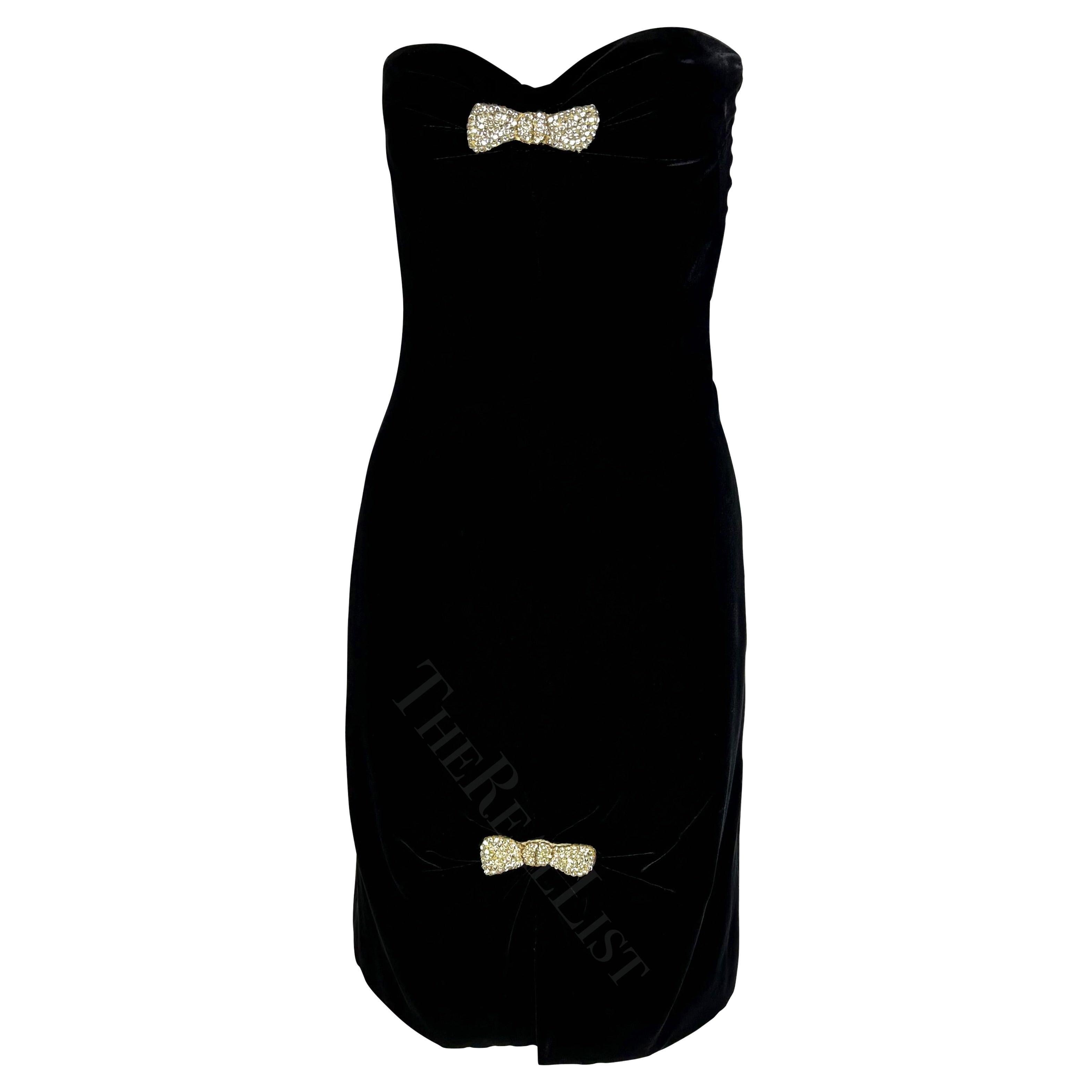 F/W 1985 Valentino Garavani Night Black Velvet Corset Mini Dress Rhinestone Bows For Sale