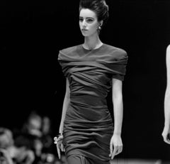 F/W 1987 Gianni Versace Black Bias Draped Sculptural Ruched Short Sleeve Dress