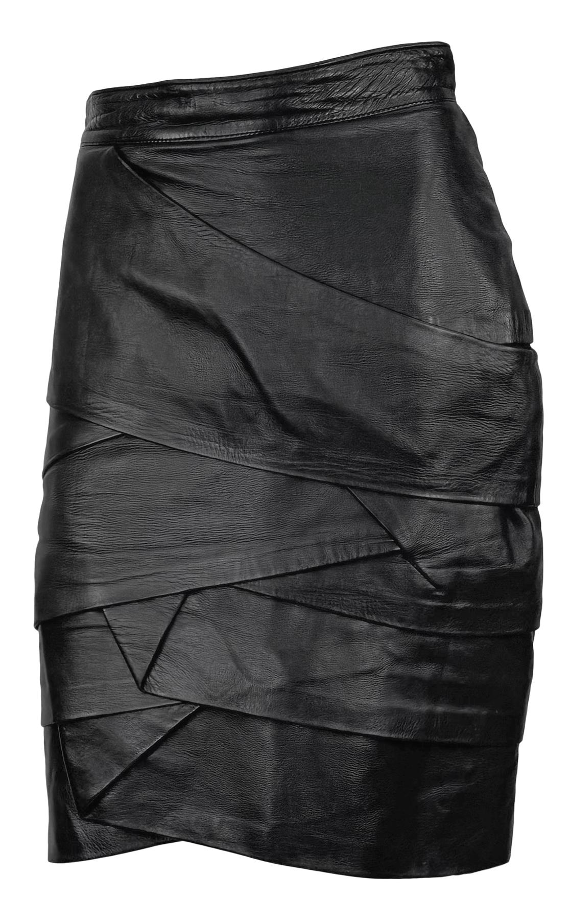 Women's F/W 1987 Gianni Versace Runway Black Leather Ribbon Tiered Pencil Skirt For Sale