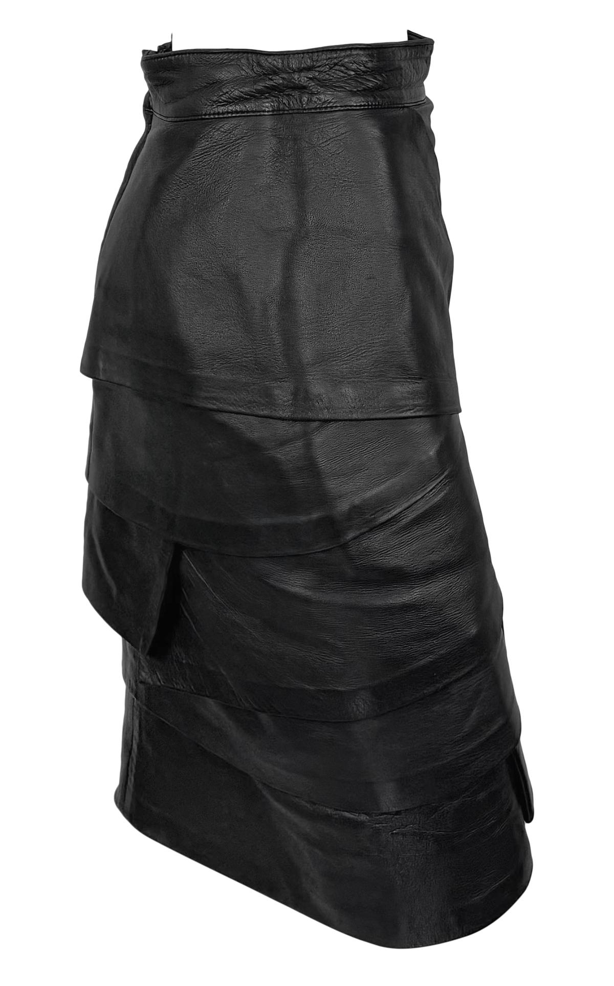 F/W 1987 Gianni Versace Runway Black Leather Ribbon Tiered Pencil Skirt For Sale 2