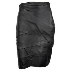F/W 1987 Gianni Versace Runway Black Leather Ribbon Tiered Pencil Skirt