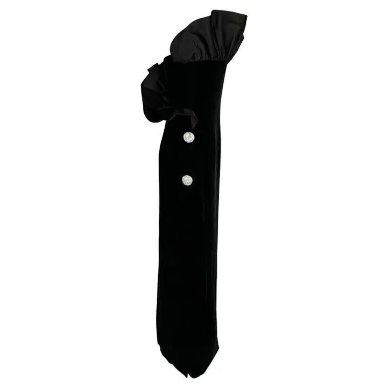 F/W 1987 Givenchy Black Velvet Sculptural Rhinestone Strapless Gown For Sale