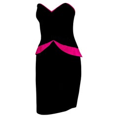 F/W 1987 Lanvin Black Velvet Hot Pink Trim Peplum Strapless Mini Dress