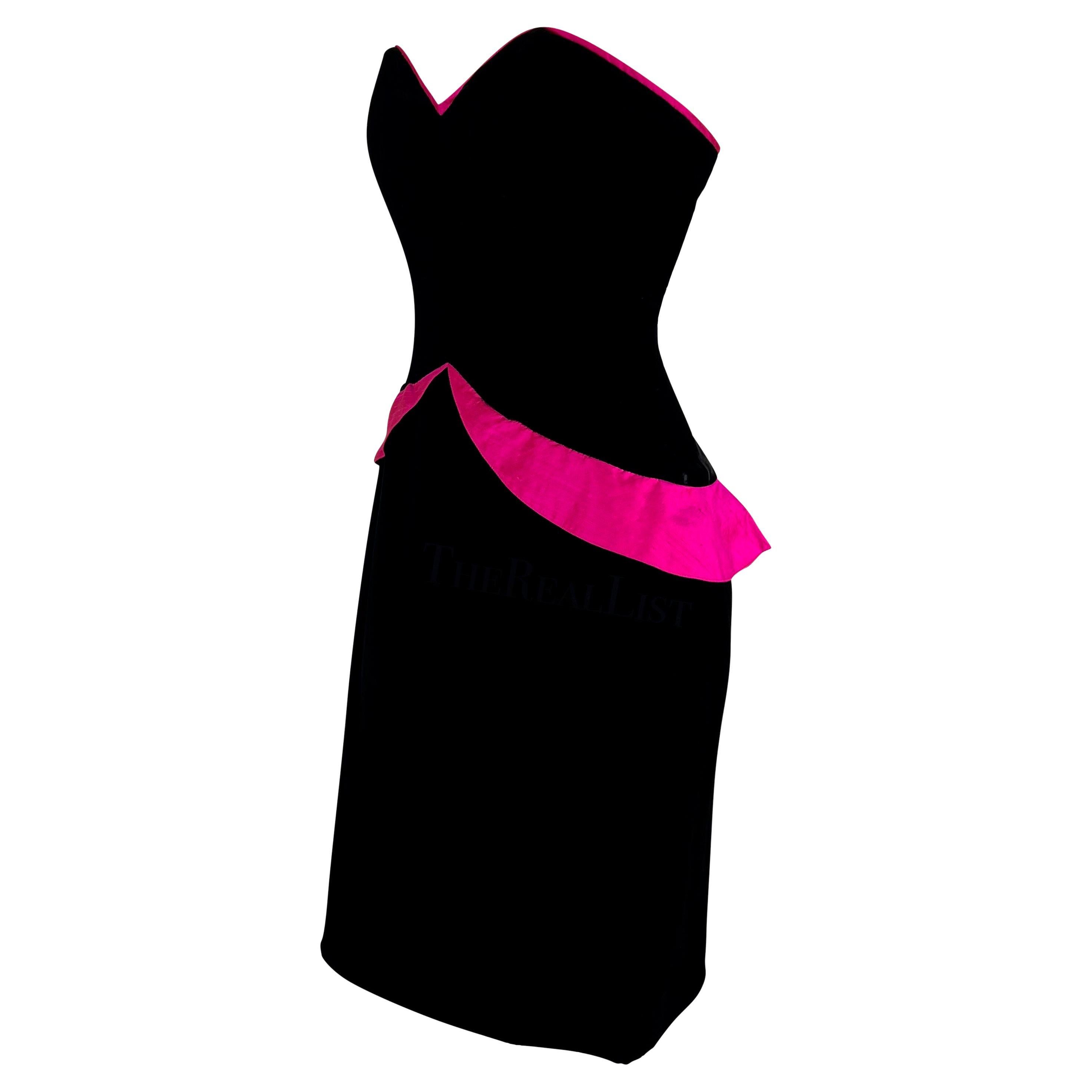 F/W 1987 Lanvin Black Velvet Hot Pink Trim Peplum Strapless Mini Dress In Excellent Condition For Sale In West Hollywood, CA