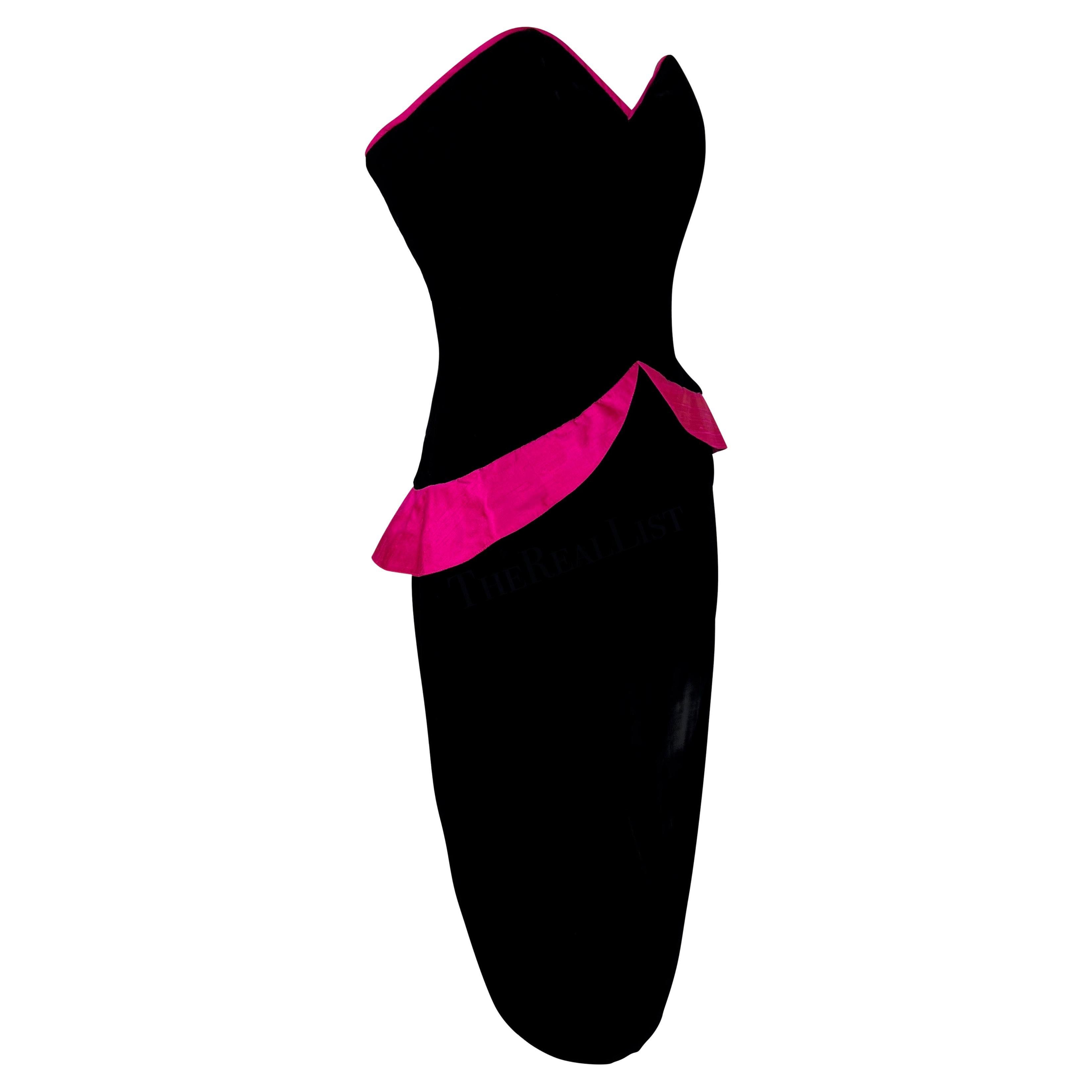 F/W 1987 Lanvin Black Velvet Hot Pink Trim Peplum Strapless Mini Dress For Sale 3