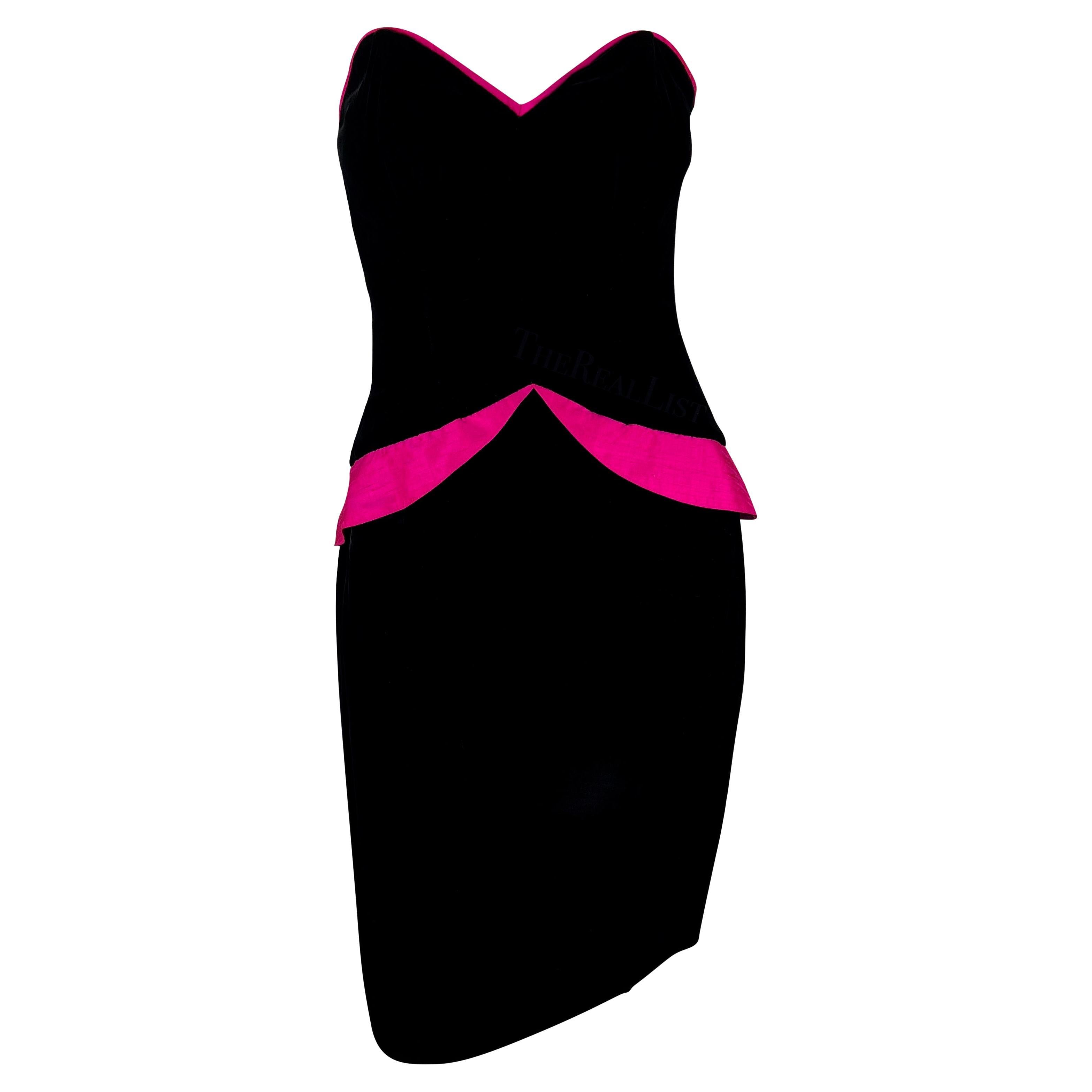 F/W 1987 Lanvin Black Velvet Hot Pink Trim Peplum Strapless Mini Dress For Sale