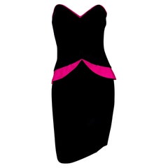 F/W 1987 Lanvin Black Velvet Hot Pink Trim Peplum Strapless Mini Dress