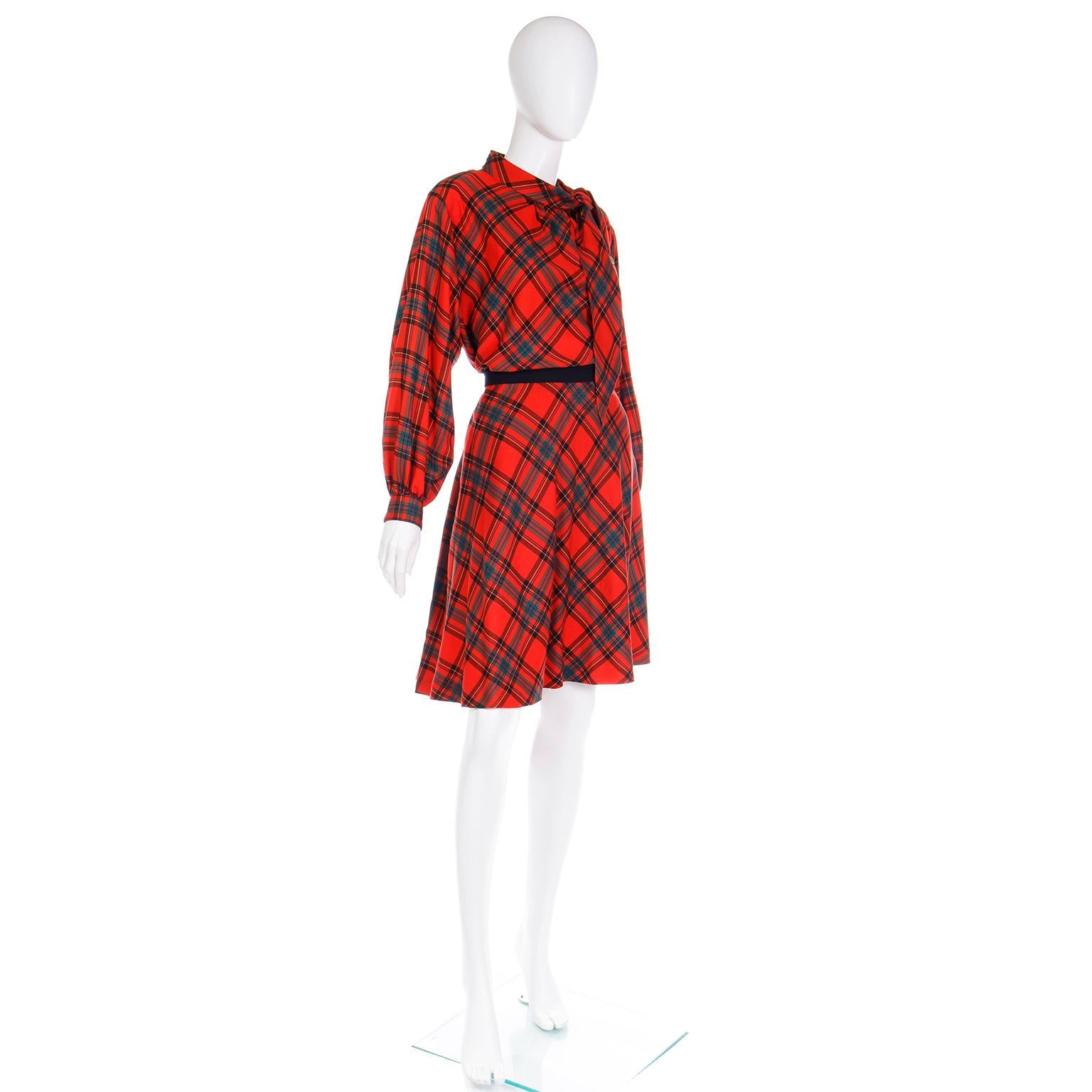 F/W 1987 Yves Saint Laurent Runway 2pc Dress Red Plaid Blouse & Skirt Outfit In Good Condition In Portland, OR
