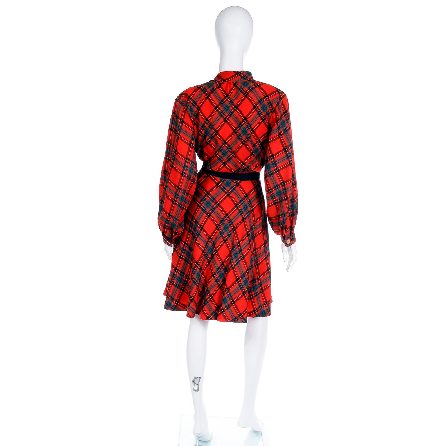 Women's F/W 1987 Yves Saint Laurent Runway 2pc Dress Red Plaid Blouse & Skirt Outfit