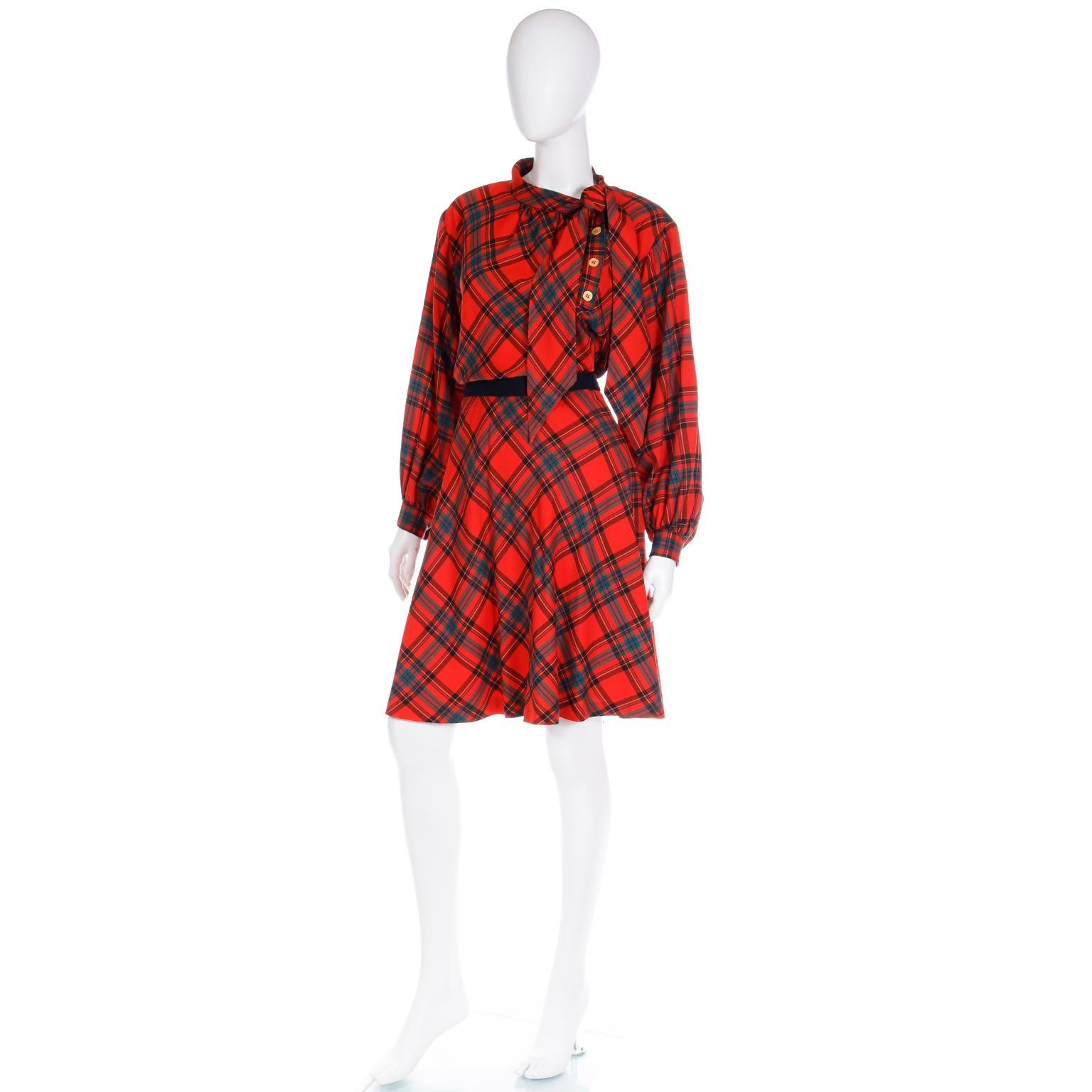 F/W 1987 Yves Saint Laurent Runway 2pc Dress Red Plaid Blouse & Skirt Outfit 1