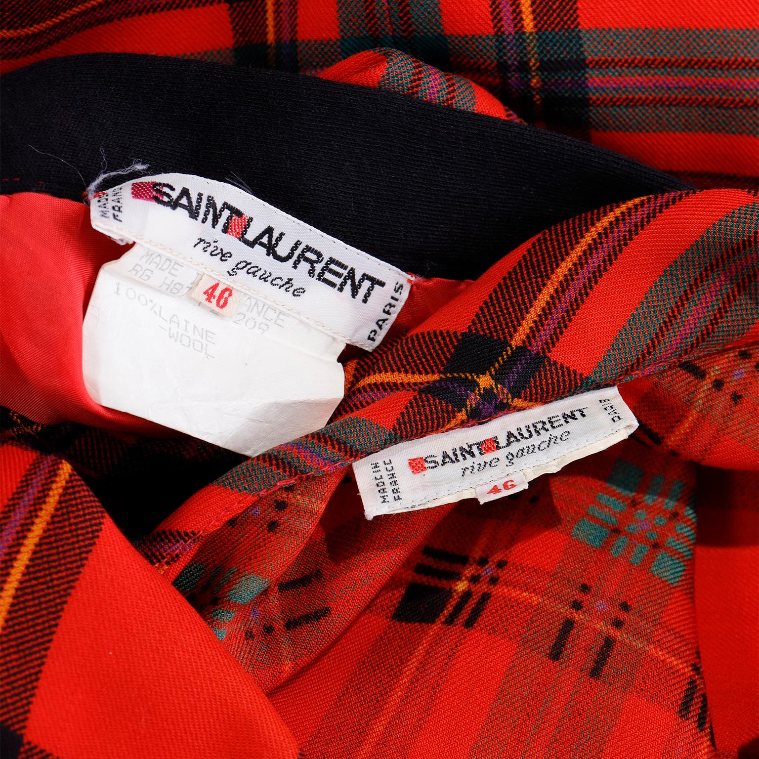 F/W 1987 Yves Saint Laurent Runway 2pc Dress Red Plaid Blouse & Skirt Outfit 3