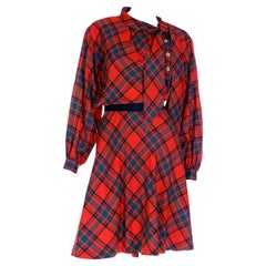 F/W 1987 Yves Saint Laurent Runway 2pc Dress Red Plaid Blouse & Skirt Outfit