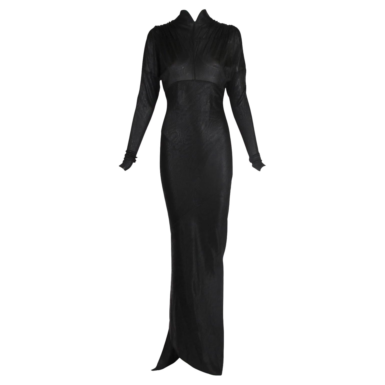 De las mujeres F/W 1988 Azzedine Alaia Vestido de noche negro de jersey de moaré con cola