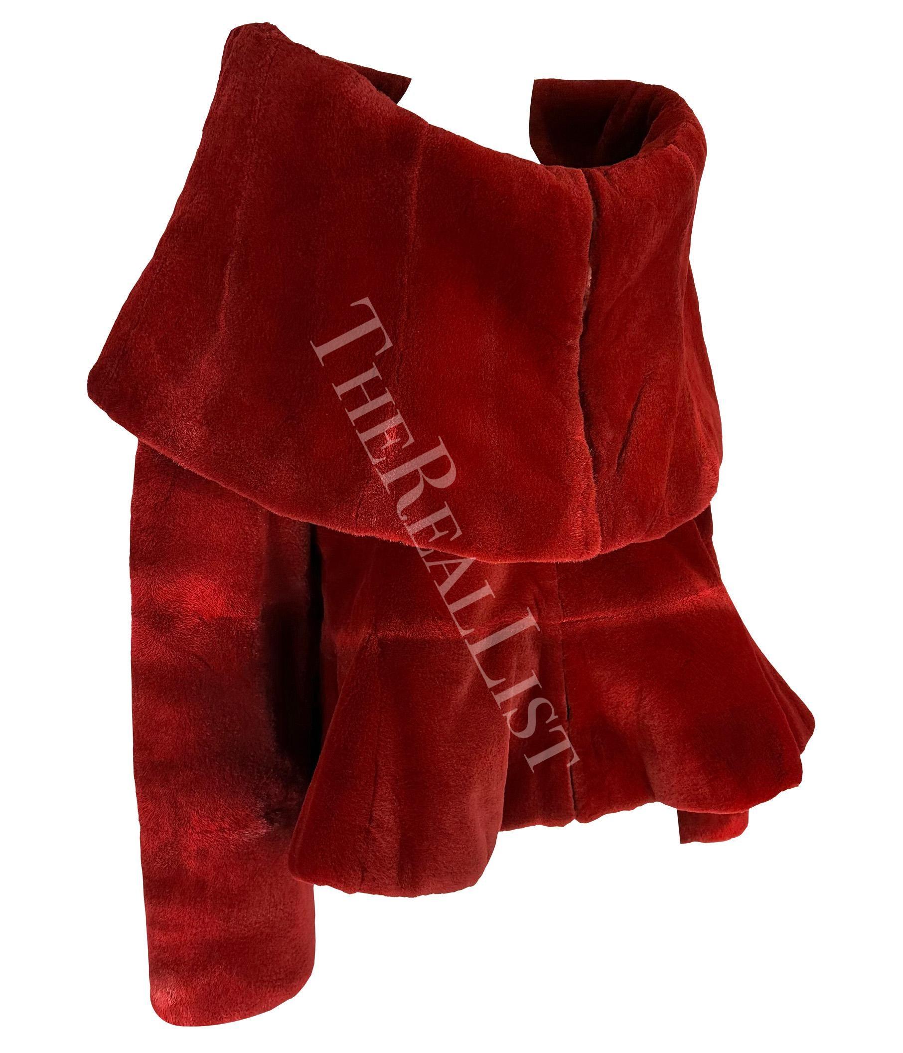 F/W 1988 Claude Montana Runway Deep Red Oversized Collar Flare Fur Coat For Sale 7