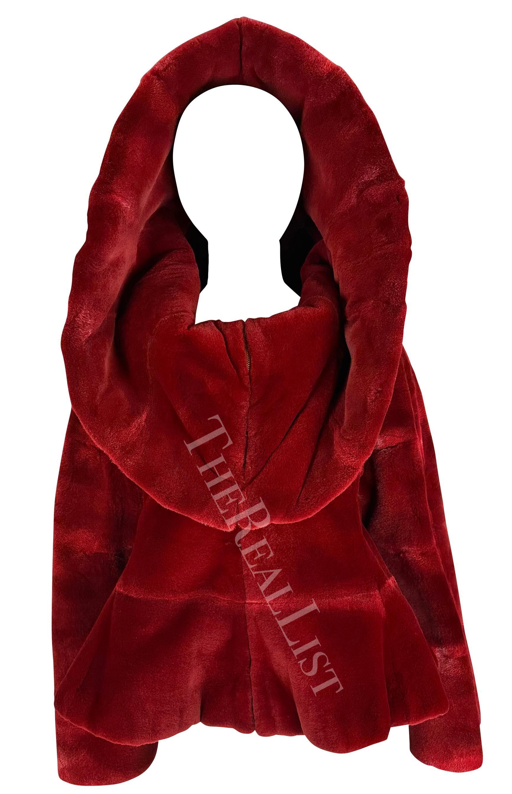 F/W 1988 Claude Montana Runway Deep Red Oversized Collar Flare Fur Coat For Sale 8