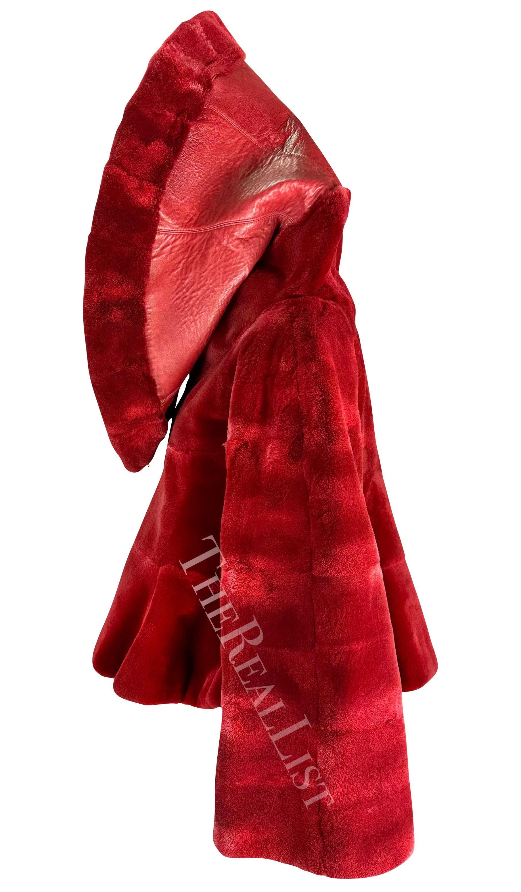 F/W 1988 Claude Montana Runway Deep Red Oversized Collar Flare Fur Coat For Sale 9