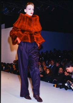 F/W 1988 Claude Montana Runway Deep Red Oversized Collar Flare Fur Coat