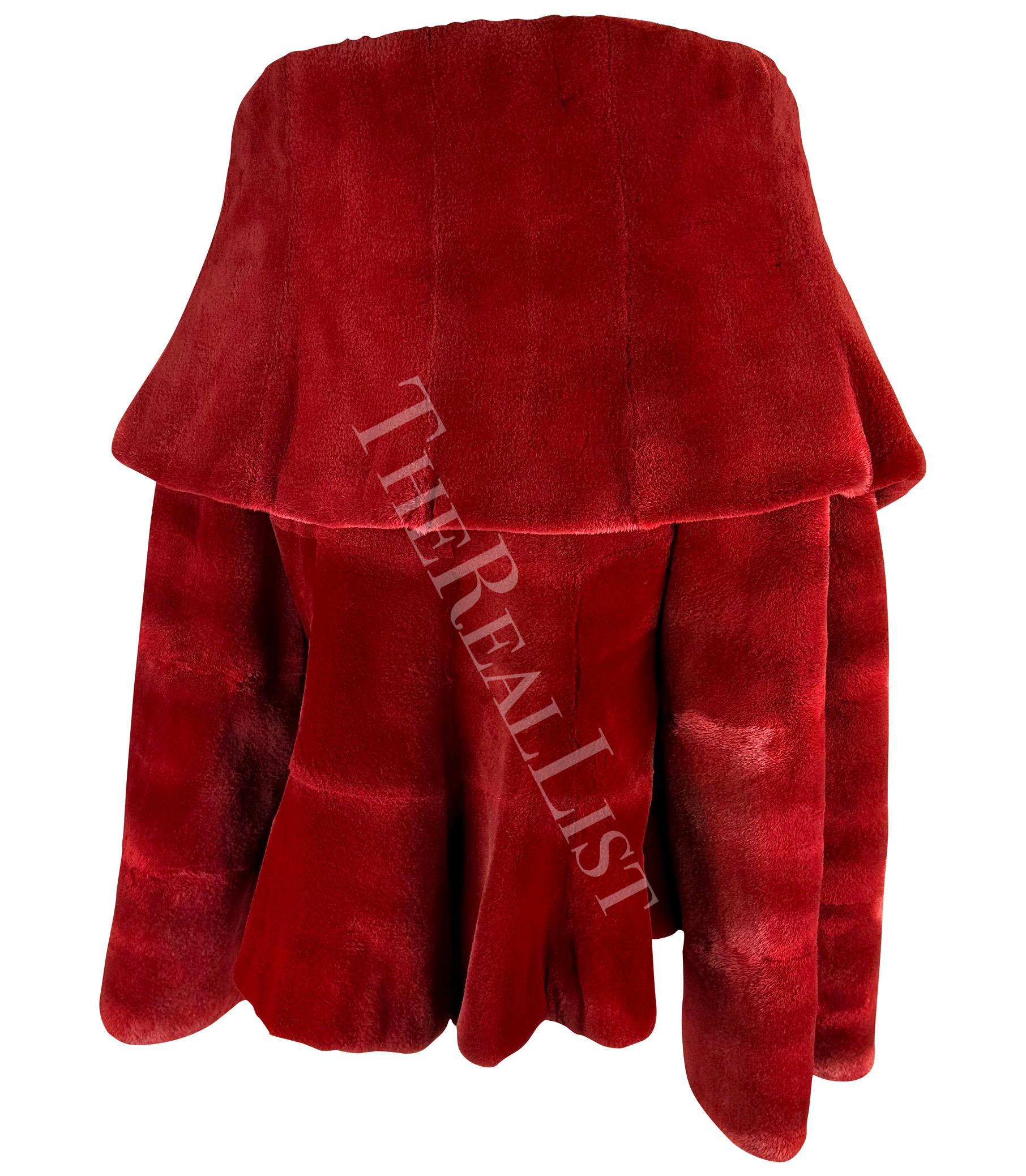 F/W 1988 Claude Montana Runway Deep Red Oversized Collar Flare Fur Coat For Sale 5