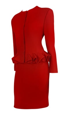 F/W 1988 Gianni Versace Folded Flare Peplum Red Wool Skirt Suit