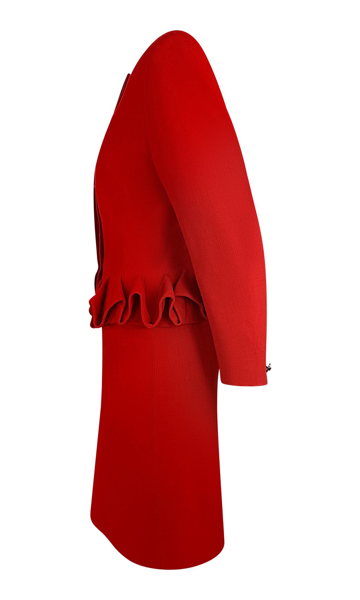 F/W 1988 Gianni Versace Folded Flare Peplum Red Wool Skirt Suit In Excellent Condition In West Hollywood, CA