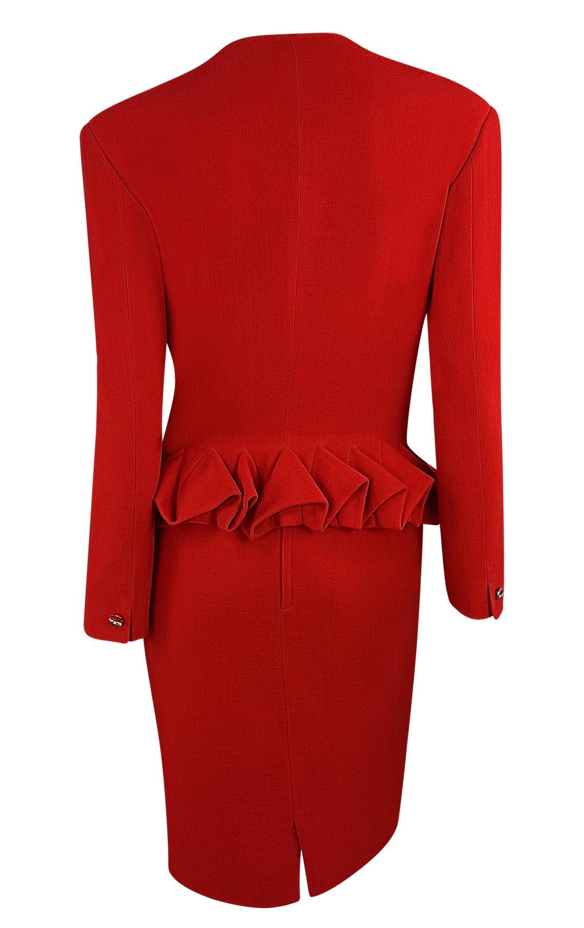 Women's F/W 1988 Gianni Versace Folded Flare Peplum Red Wool Skirt Suit