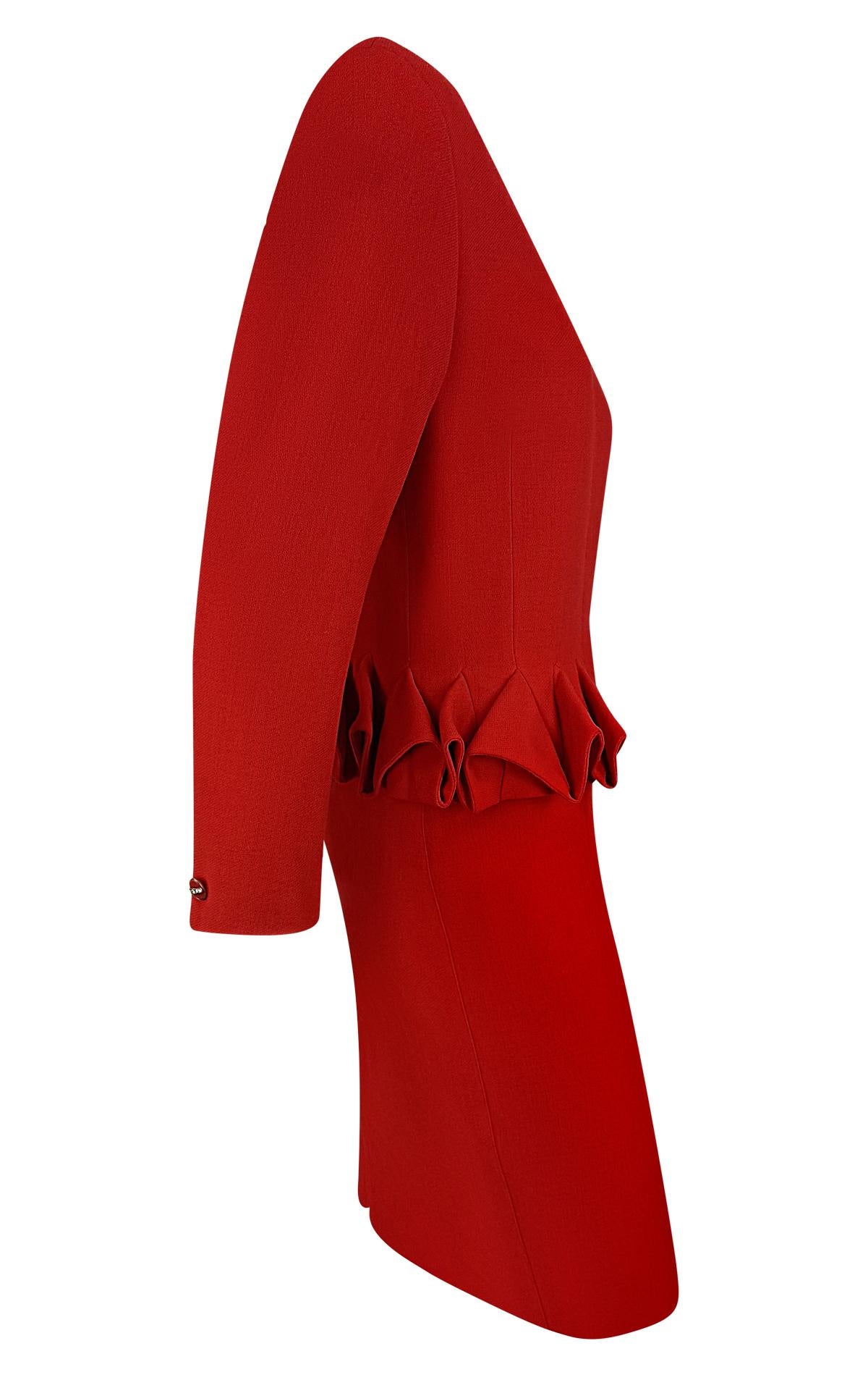 F/W 1988 Gianni Versace Folded Flare Peplum Red Wool Skirt Suit 2