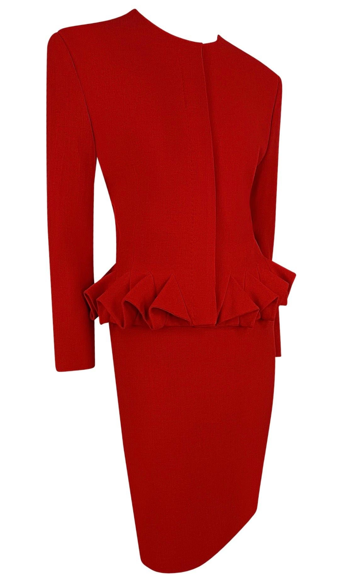 F/W 1988 Gianni Versace Folded Flare Peplum Red Wool Skirt Suit 3