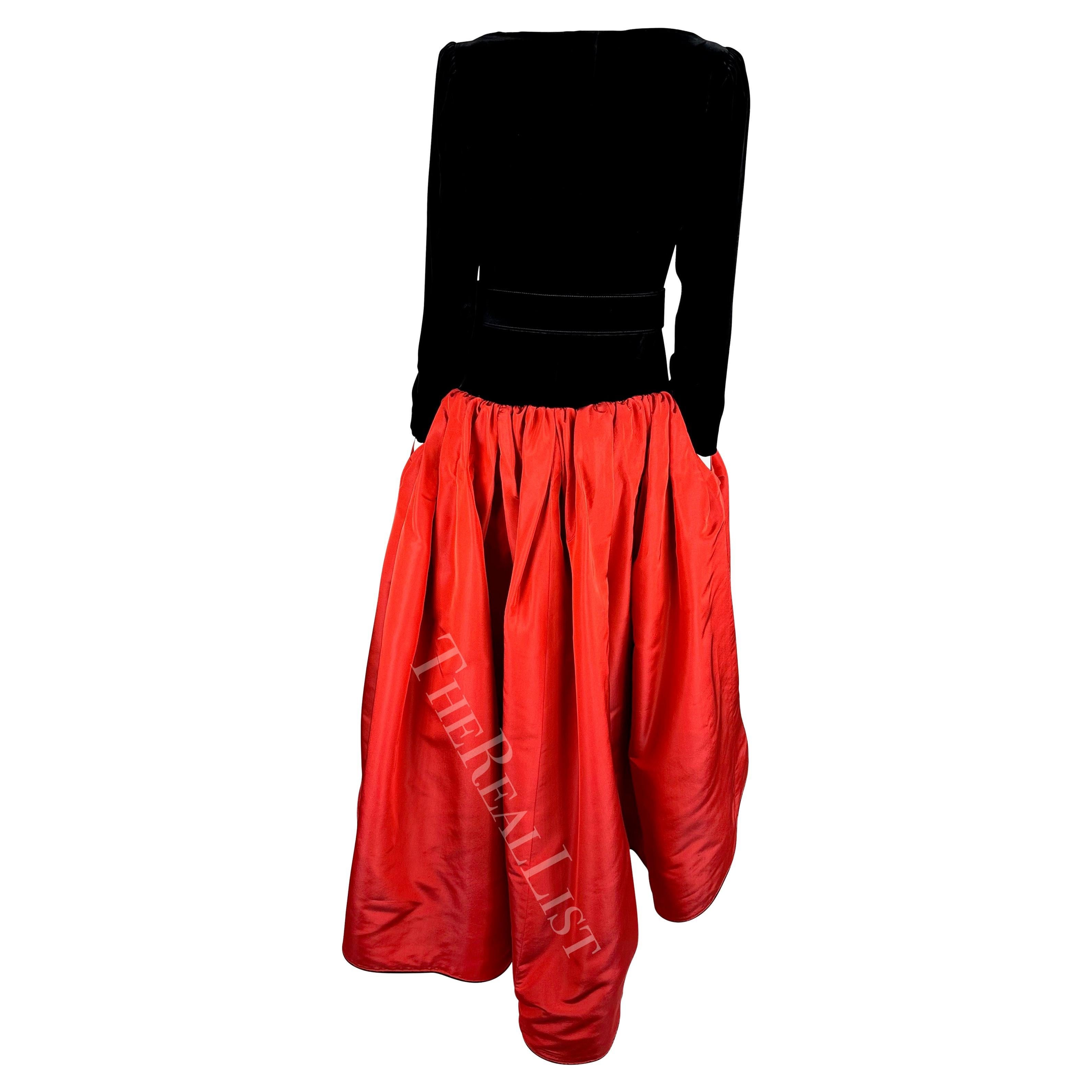 F/W 1988 Saint Laurent Rive Gauche Runway Ad Black Velvet Red Belted Gown  6