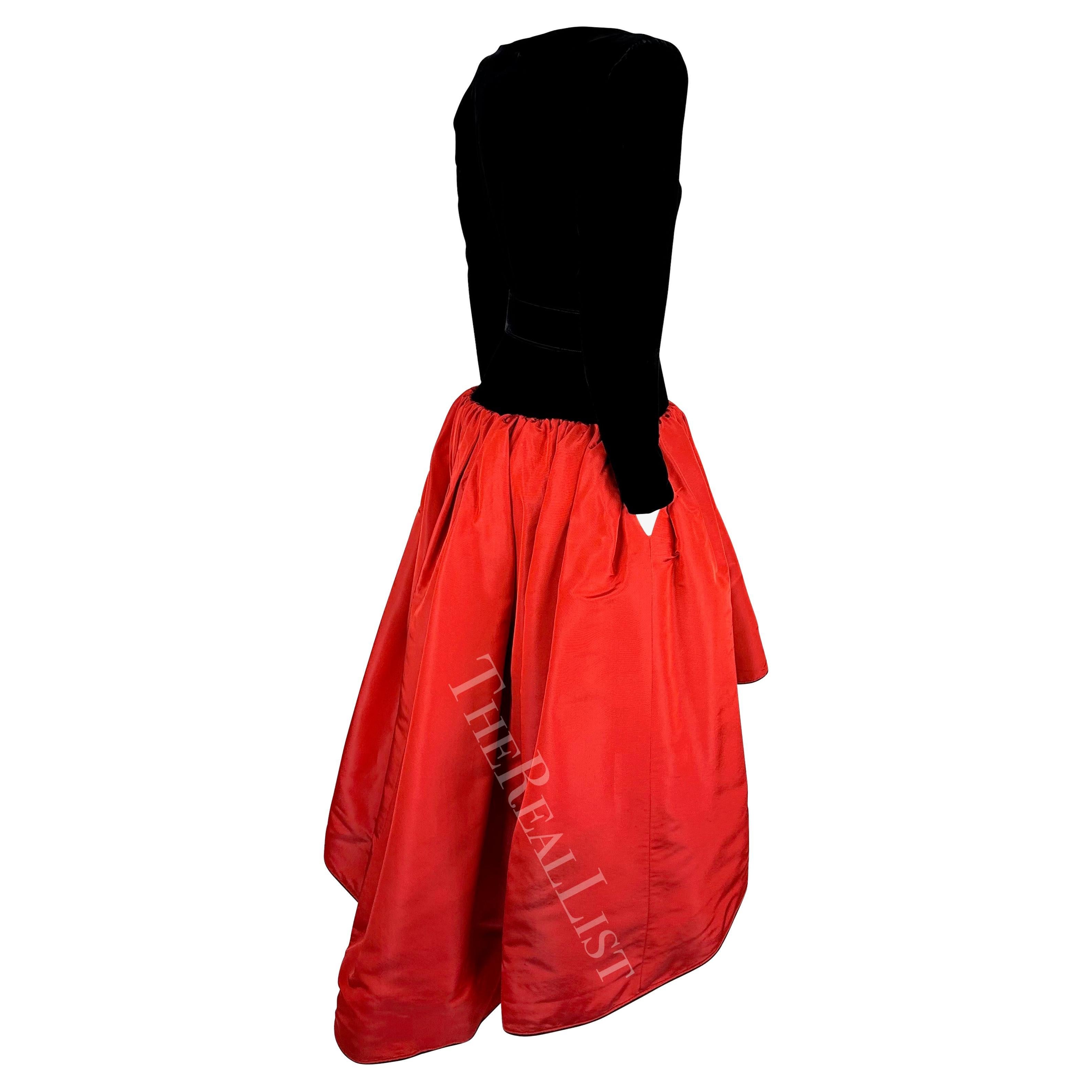 F/W 1988 Saint Laurent Rive Gauche Runway Ad Black Velvet Red Belted Gown  8