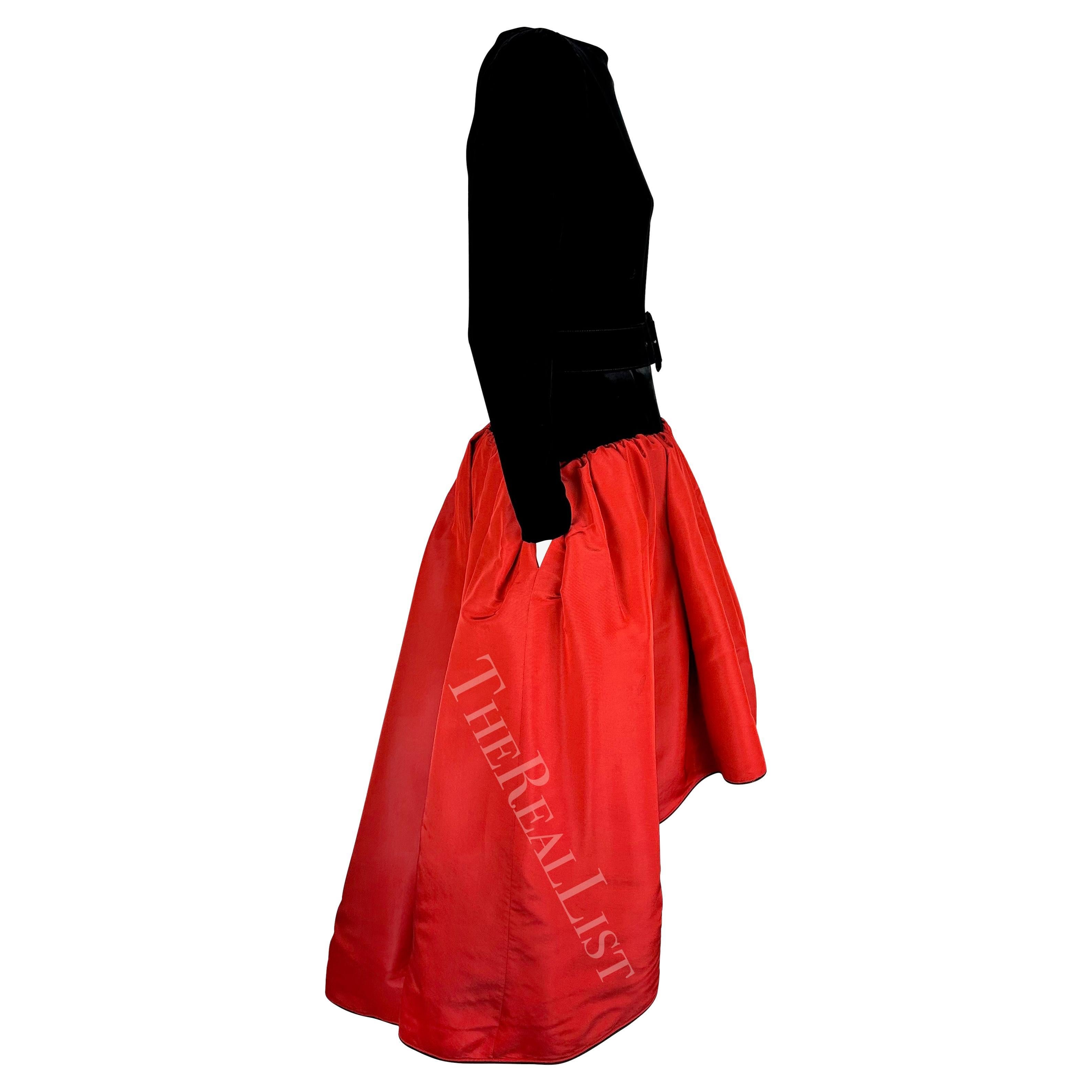 F/W 1988 Saint Laurent Rive Gauche Runway Ad Black Velvet Red Belted Gown  9