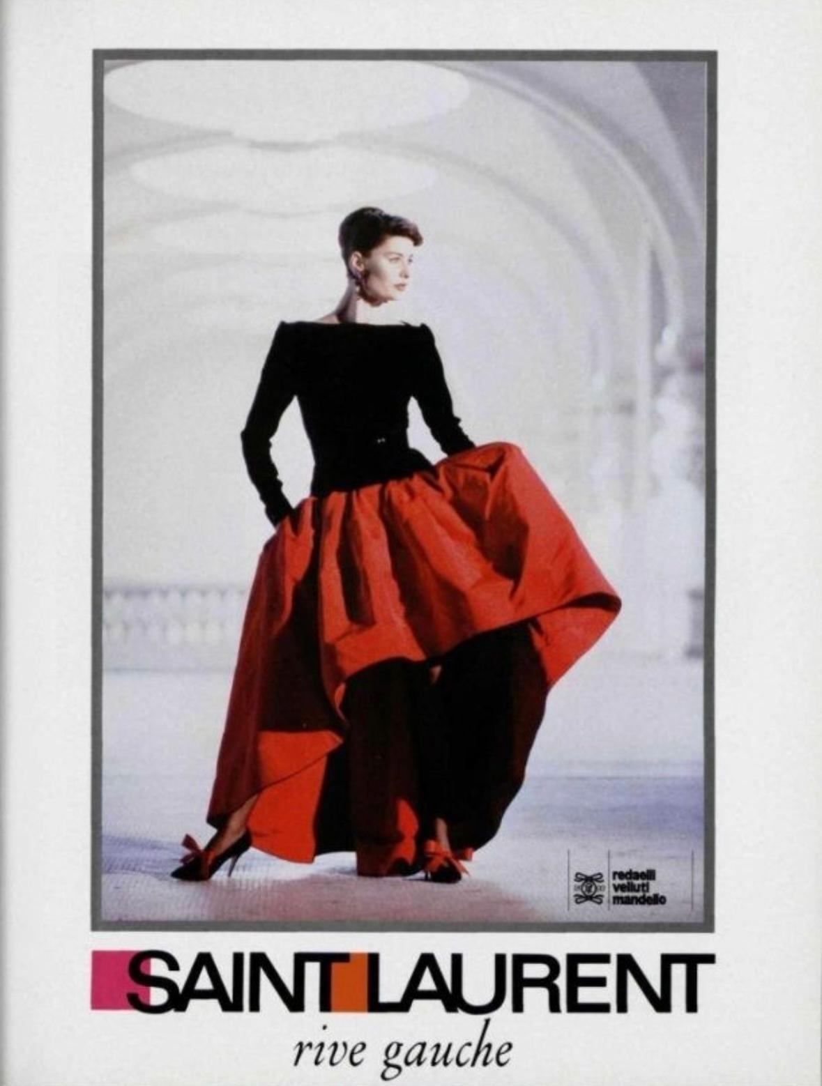 F/W 1988 Saint Laurent Rive Gauche Runway Ad Black Velvet Red Belted Gown  In Good Condition In West Hollywood, CA