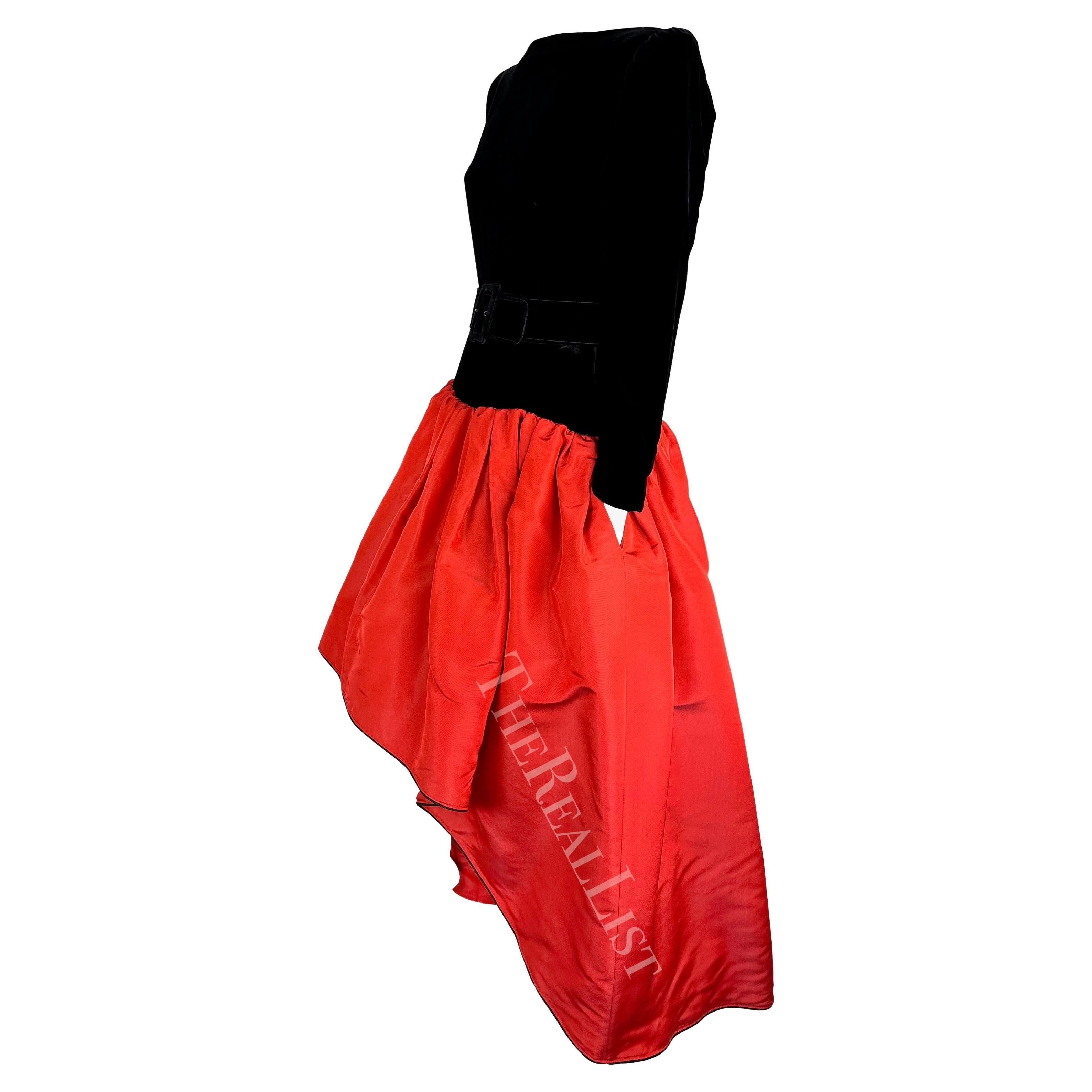 F/W 1988 Saint Laurent Rive Gauche Runway Ad Black Velvet Red Belted Gown  4