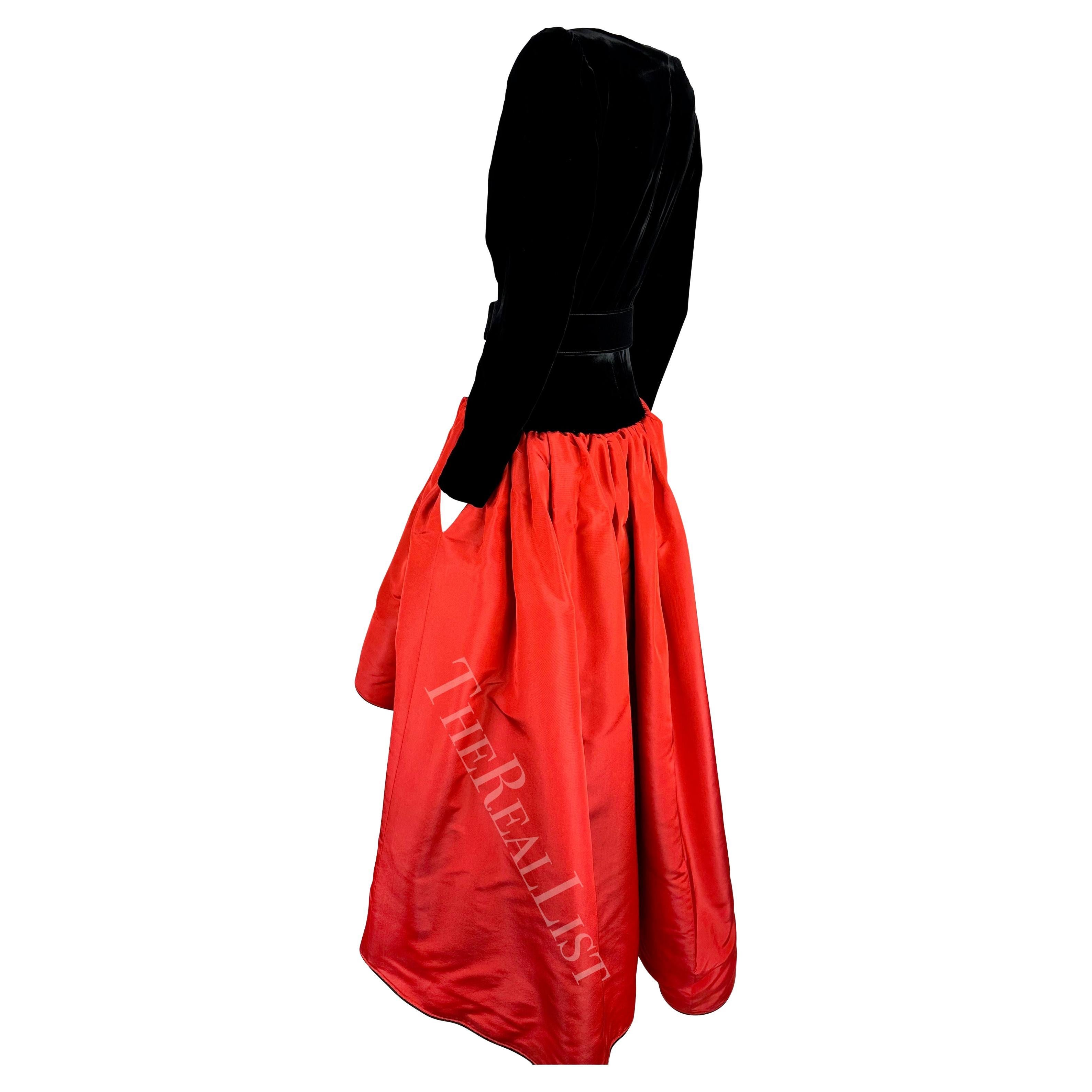 F/W 1988 Saint Laurent Rive Gauche Runway Ad Black Velvet Red Belted Gown  5