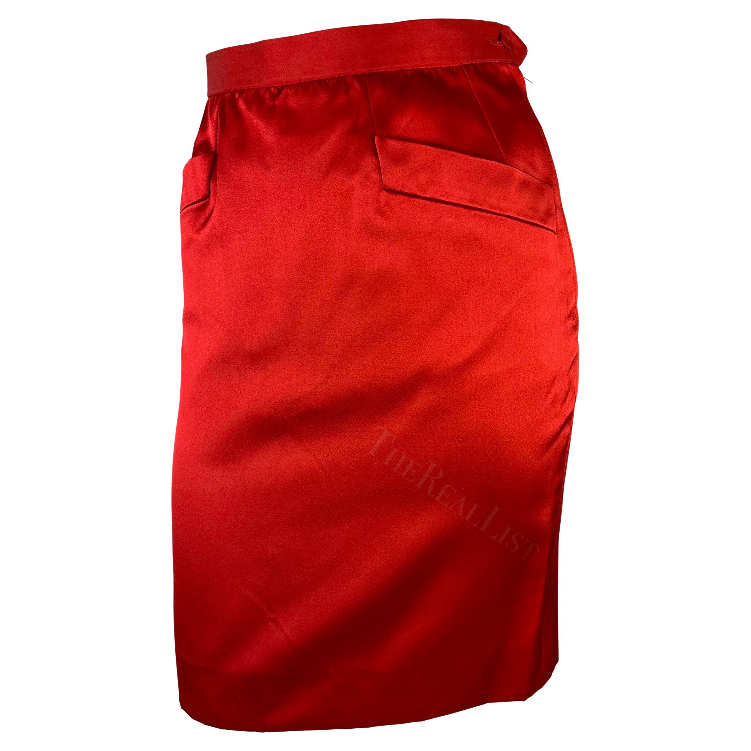 F/W 1988 Saint Laurent Rive Gauche Runway Red Satin Pocket Pencil Skirt In Good Condition For Sale In West Hollywood, CA