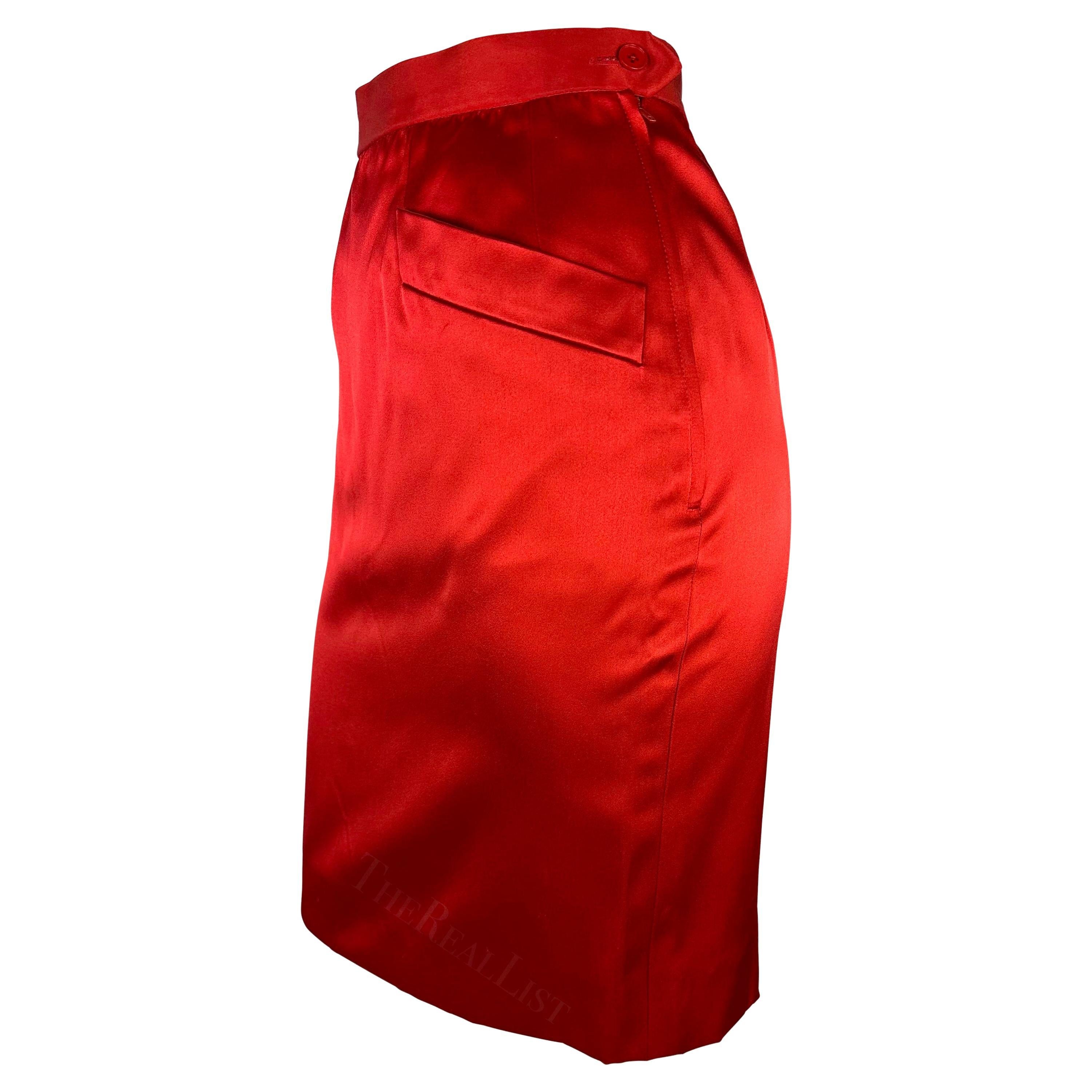 F/W 1988 Saint Laurent Rive Gauche Runway Red Satin Pocket Pencil Skirt For Sale 2