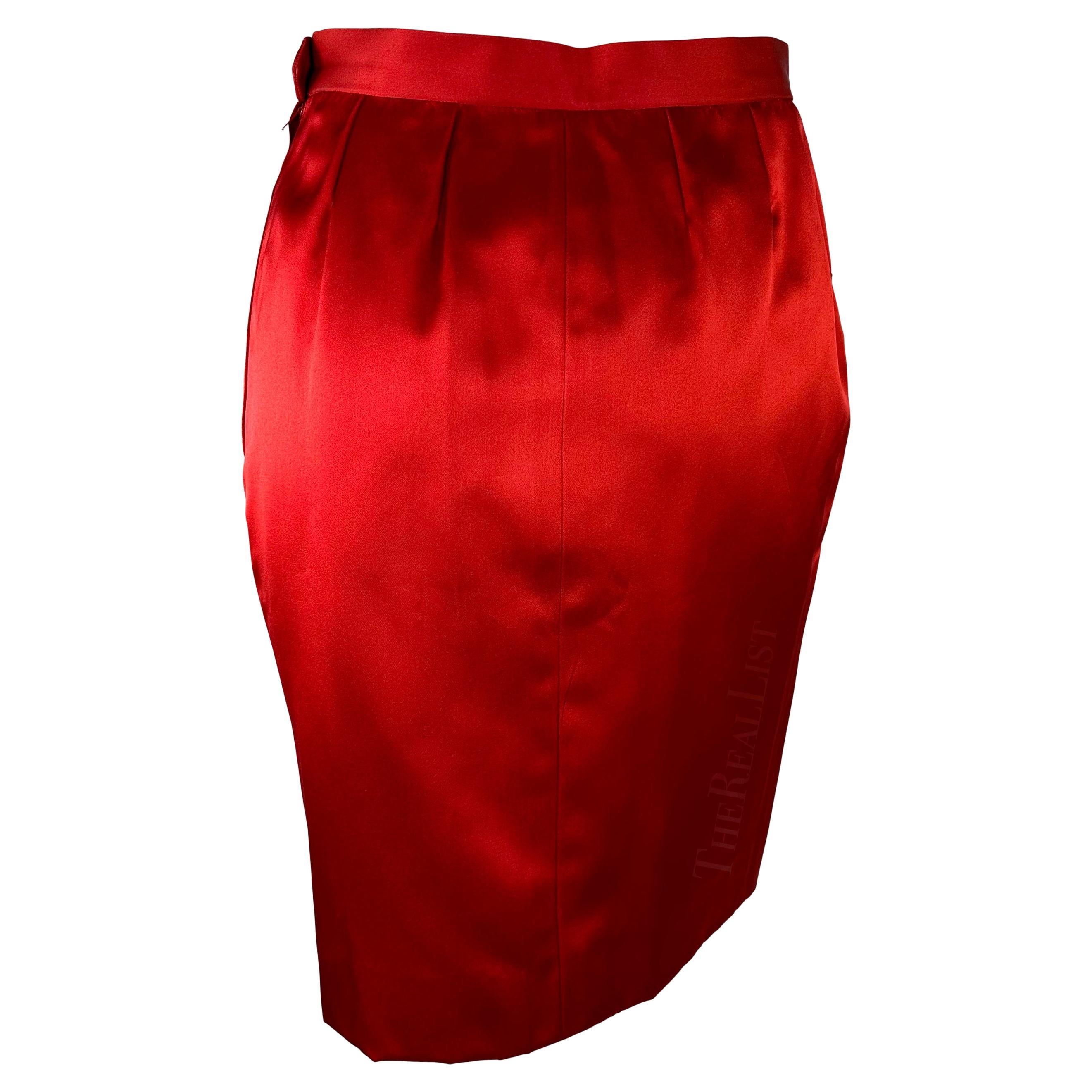 F/W 1988 Saint Laurent Rive Gauche Runway Red Satin Pocket Pencil Skirt For Sale 3