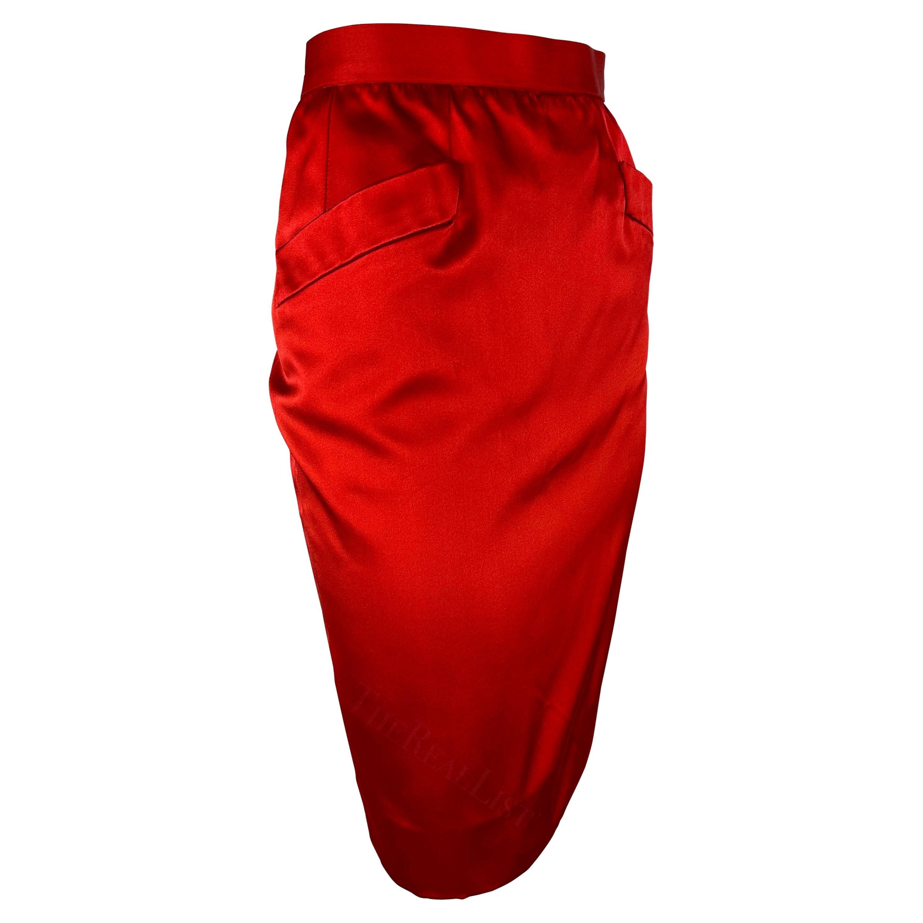 F/W 1988 Saint Laurent Rive Gauche Runway Red Satin Pocket Pencil Skirt For Sale 4