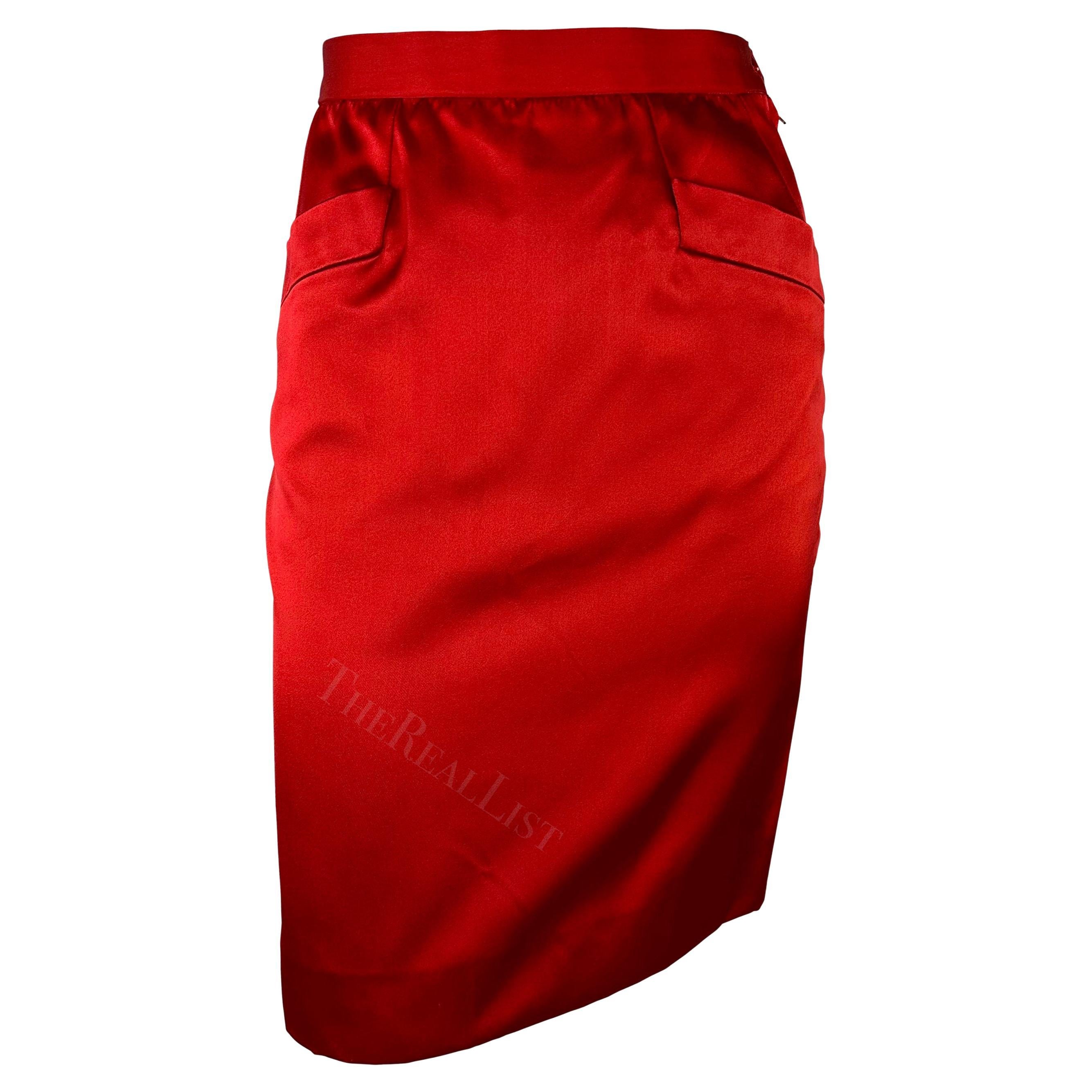 F/W 1988 Saint Laurent Rive Gauche Runway Red Satin Pocket Pencil Skirt For Sale