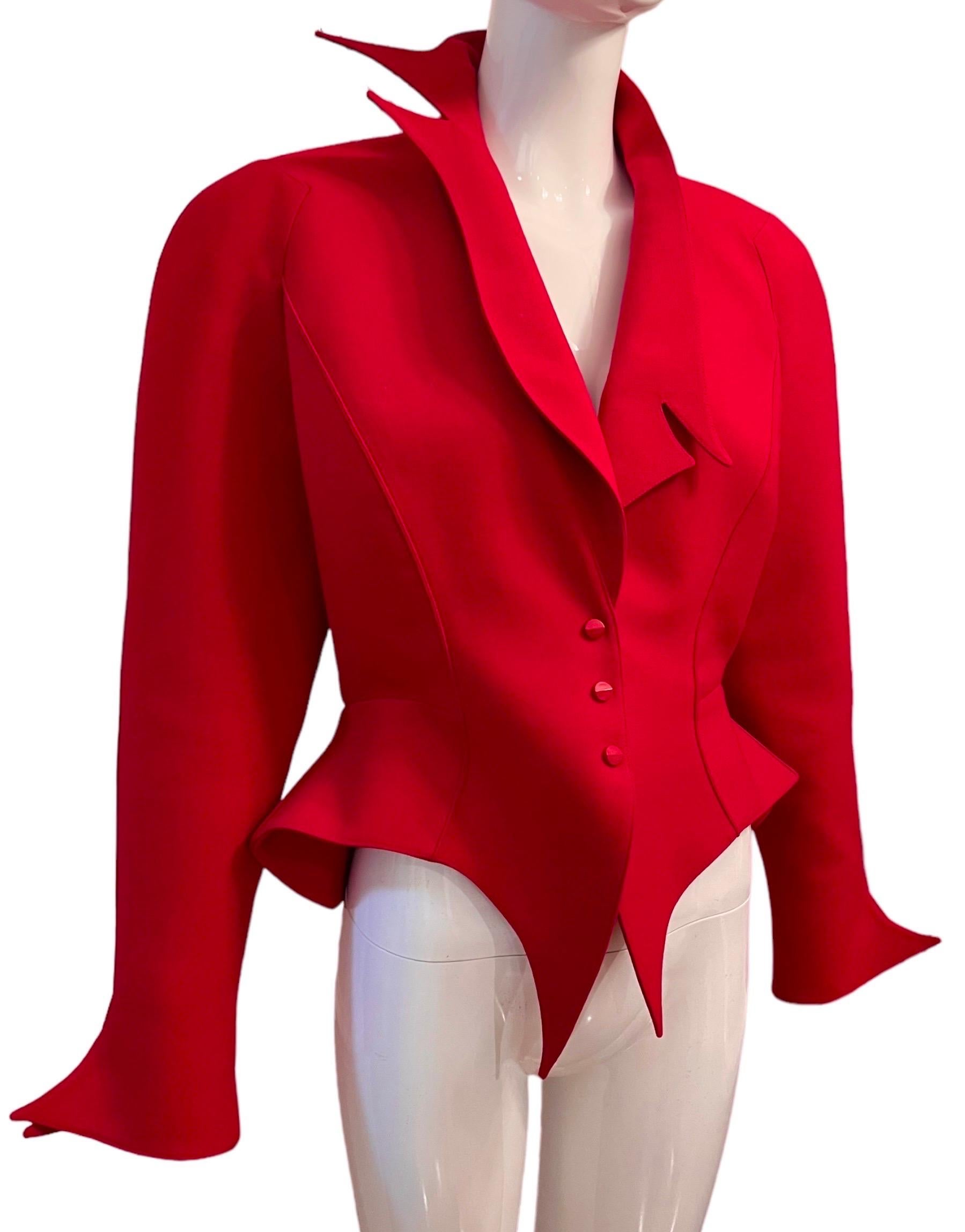 F/W 1988 Thierry Mugler Flaming Red Les Infernales Jagged Sculptural Jacket In Excellent Condition In Concord, NC